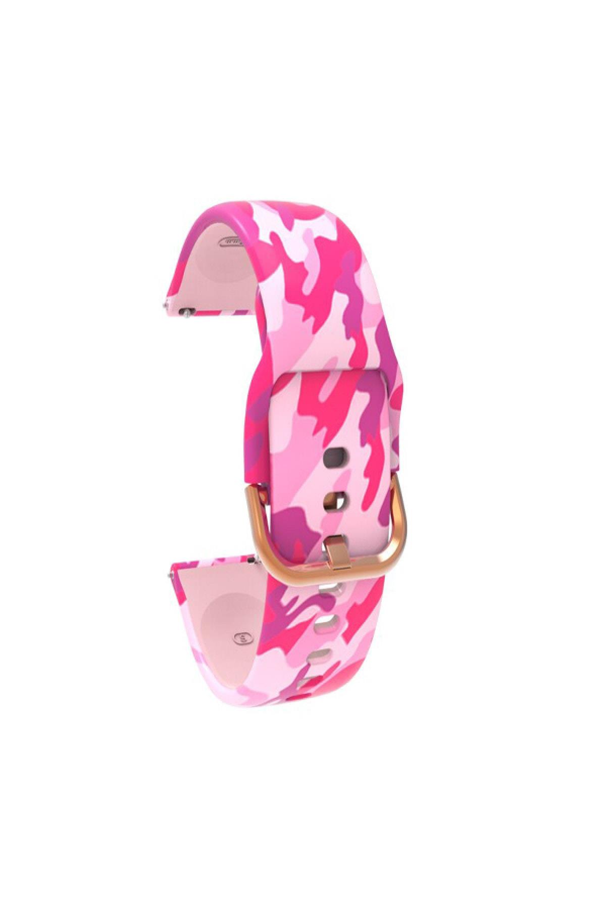 Samsung Galaxy Watch 4 Classic 42 Mm R880 Için Desenli Silikon Kordon Pembe Kamuflaj