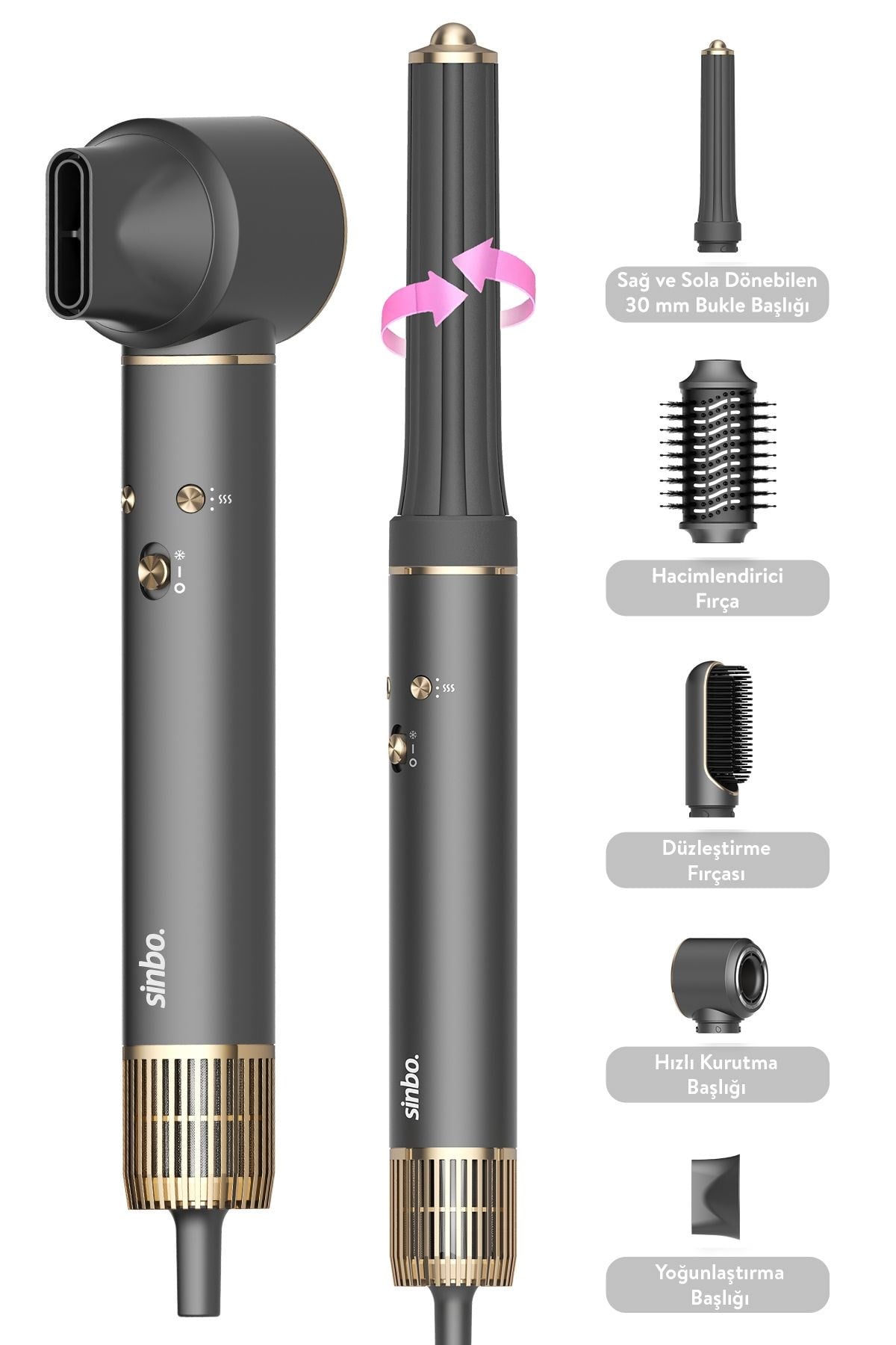 Sinbo Pro Compact Uzun Multi-Styler Hava Üfleme 5in1 Bldc Saç Şekillendirici 1719 -Graphite Gray