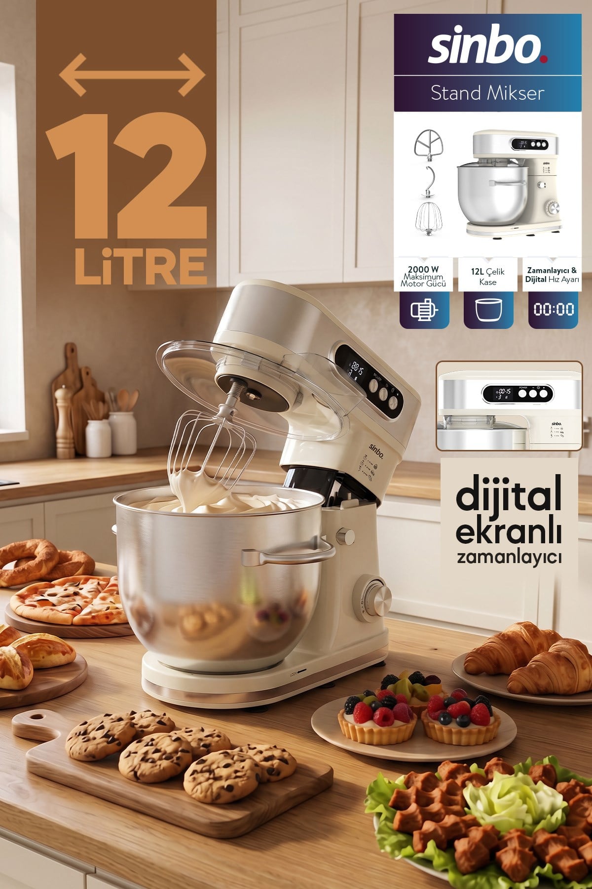 SİNBO SMX-2779 12L Dev Hazneli Dijital Ekranlı Zaman Ayarlı Stand Mikser 2000W