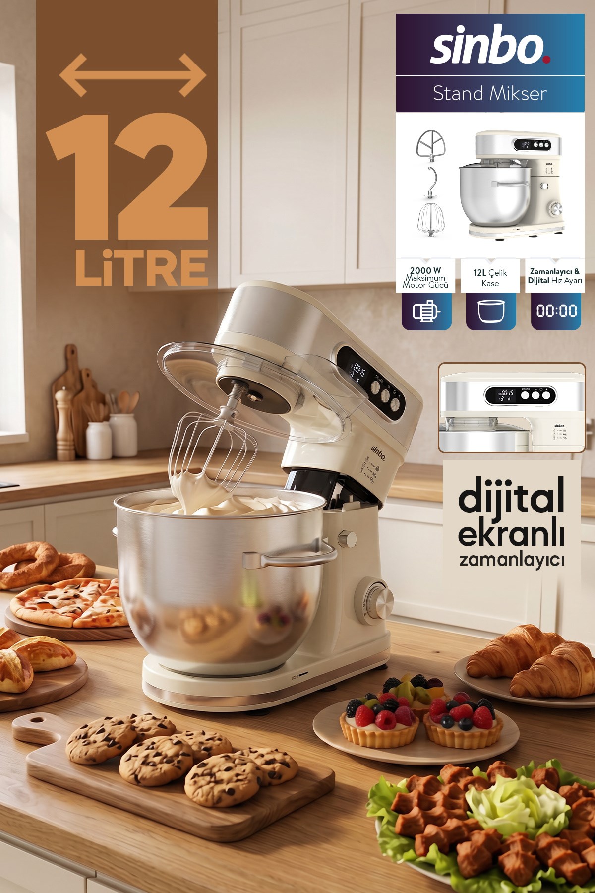 SİNBO SMX-2779 12L Dev Hazneli Dijital Ekranlı Zaman Ayarlı Stand Mikser 2000W