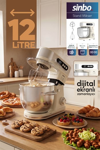 SİNBO SMX-2779 12L Dev Hazneli Dijital Ekranlı Zaman Ayarlı Stand Mikser 2000W