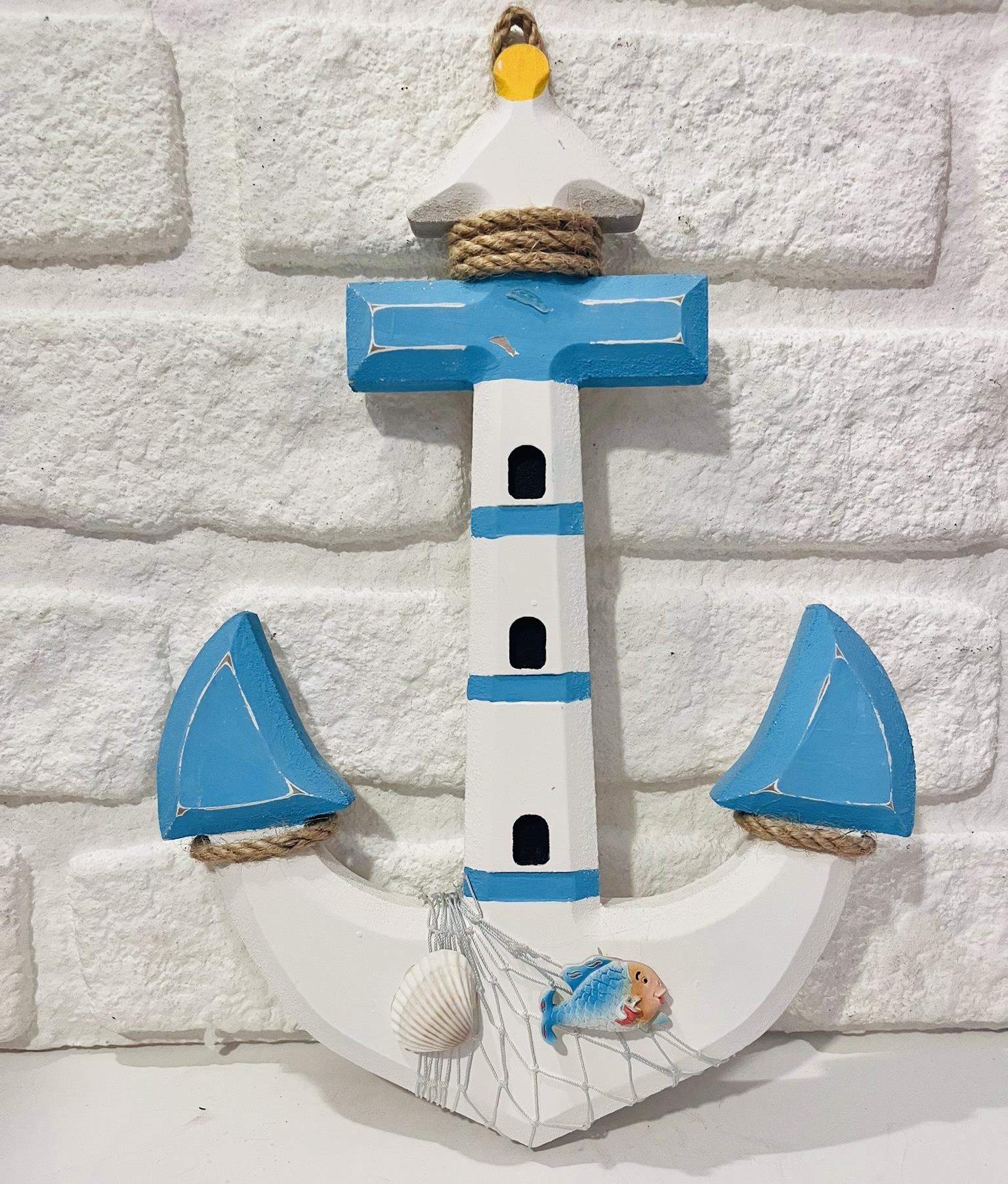 Ahşap Fener Detaylı Çıpa Çapa Marine Denizci Mini Balıklı Mavi Beyaz Ev Duvar Dekoru 32 x 23 cm