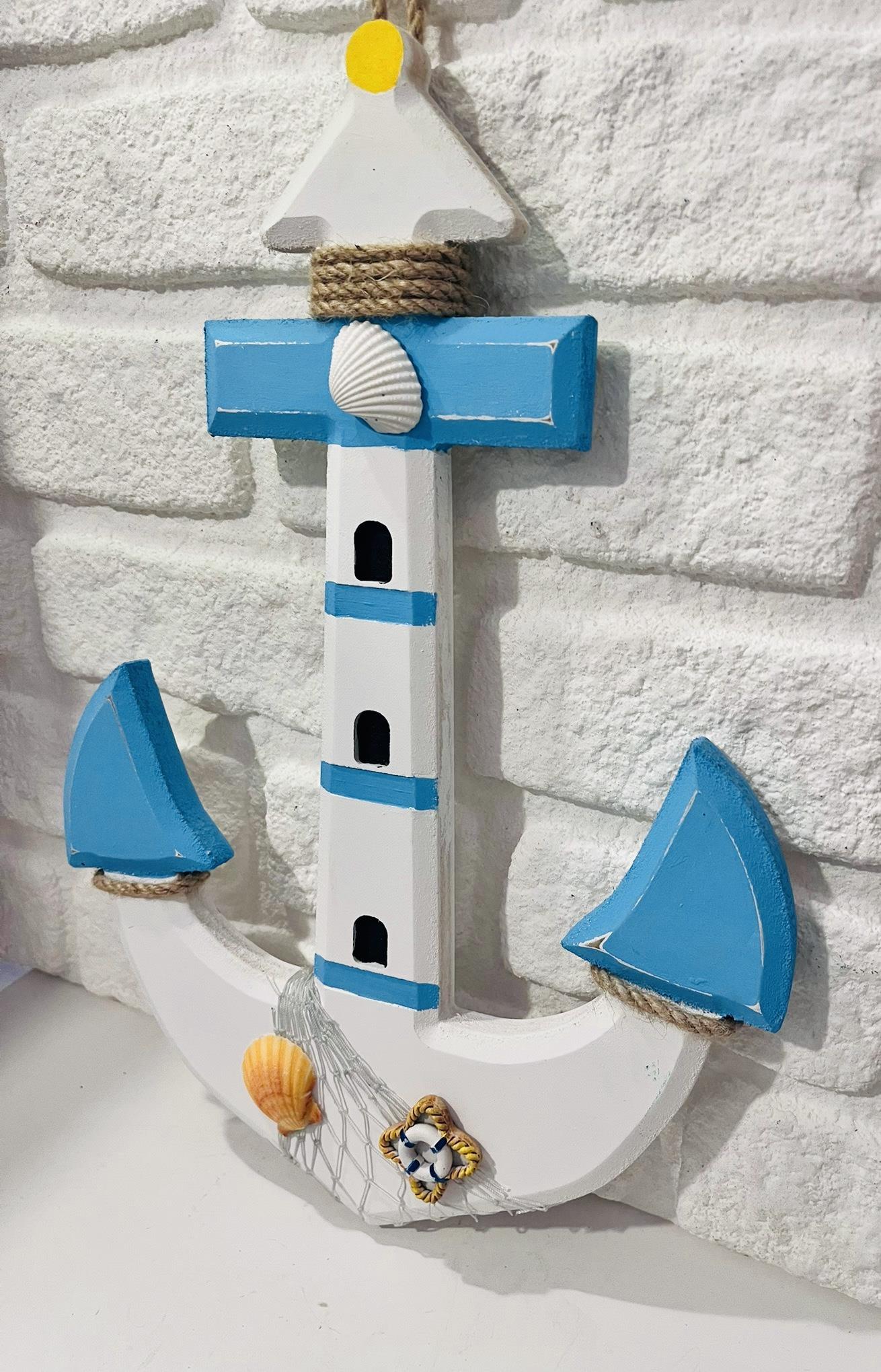 Ahşap Fener Detaylı Çıpa Çapa Marine Denizci Bebek Odası Ev Duvar Dekoru 43 X 30 CM