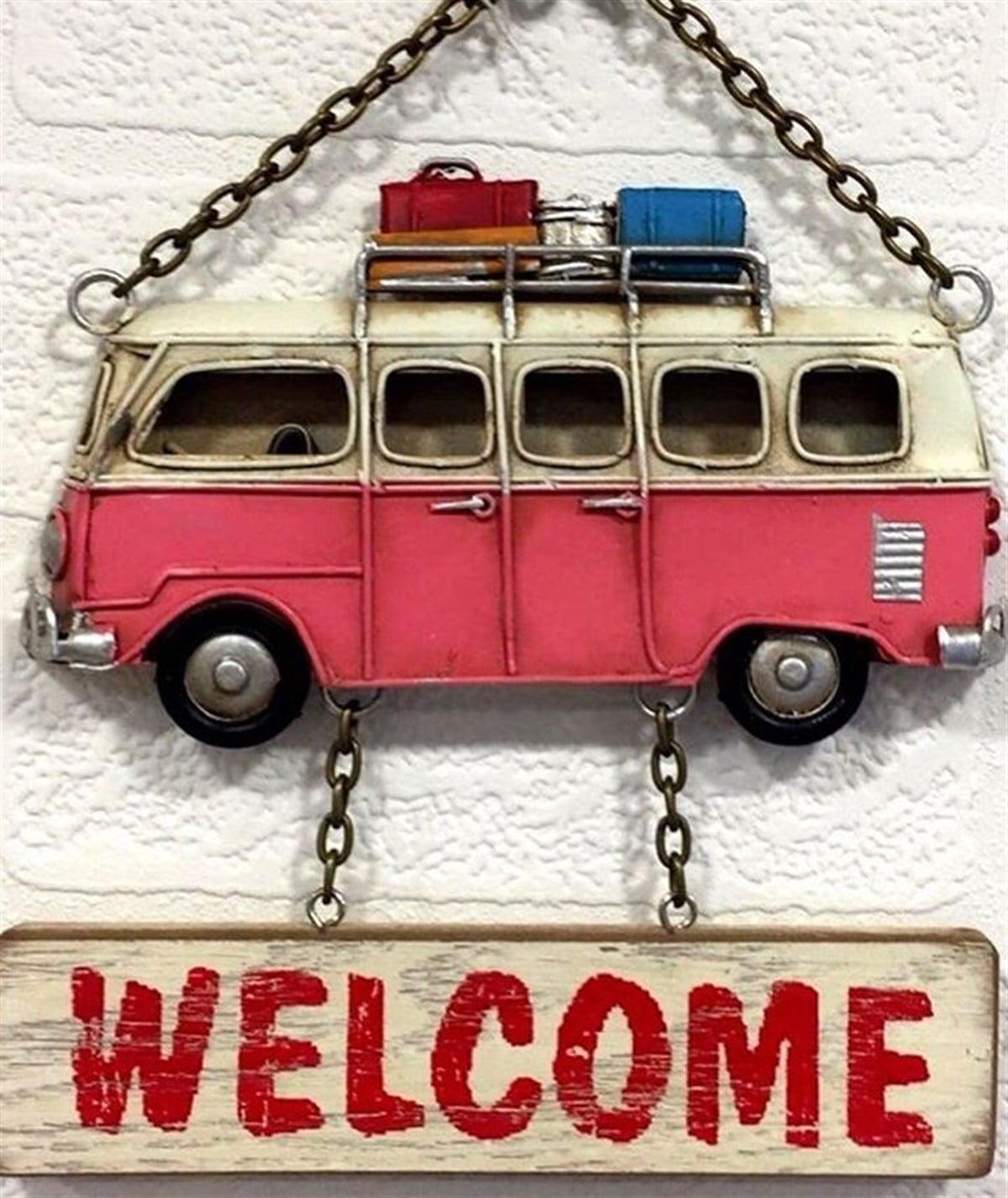 Dekoratif Retro Hoşgeldiniz - Welcome  Metal Kapı Yazısı Pembe Minibüs