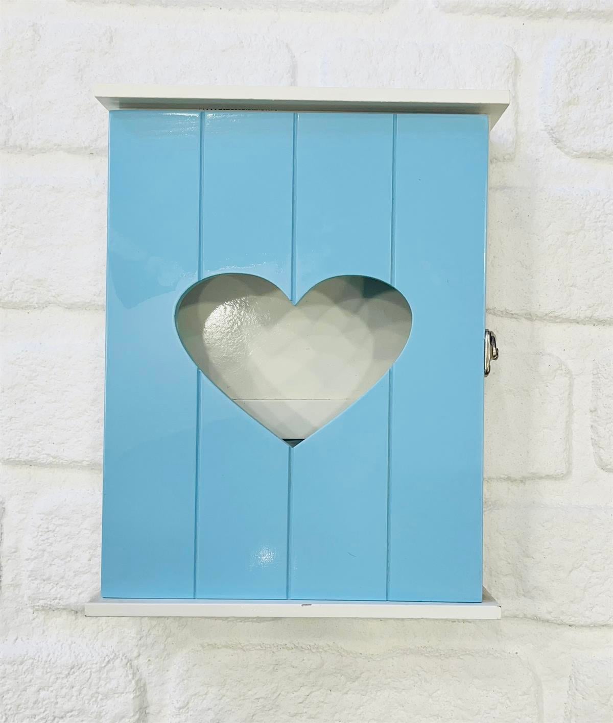 HEDİYELİK AHŞAP KALP DETAYLI MAVİ BEYAZ ANAHTARLIK KUTUSU DOLABI