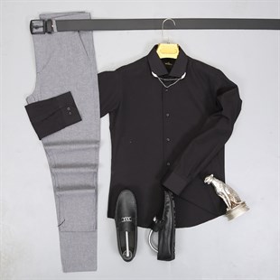Siyah Gömlek Kombin - Gri Pantolon