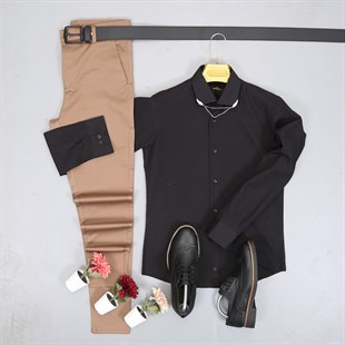Siyah Gömlek Kombin - Kahverengi Pantolon