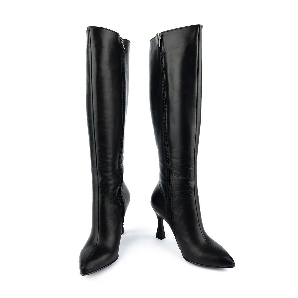 Modern Rahat Sivri Stiletto Deri Çizme Siyah 14201