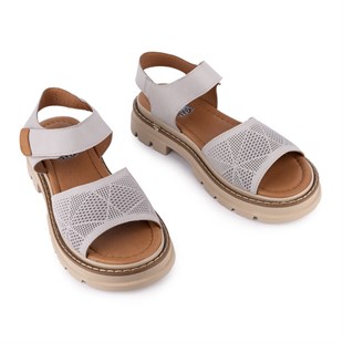  Hakiki Deri Lazer Baskılı Ledy Modern Sandalet Taş Deri 09-LN-34