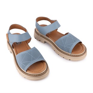 Hakiki Deri Lazer Baskılı Ledy Modern Sandalet Kot Mavi 09-LN-34