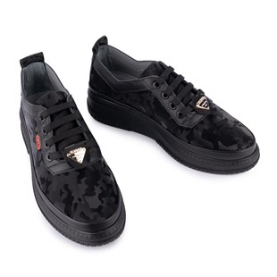 Hakiki Deri Modern Ortopedik Bağcıklı Siyah Kamuflaj Günlük Ayakkabı 668 Siyah