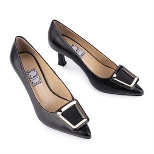 Hakiki Deri Modern Tokalı Topuklu Ayakkabı Siyah 3665