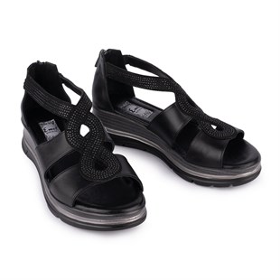 Hakiki Deri Taşlı Fermuarlı Modern Sandalet 1115 Siyah