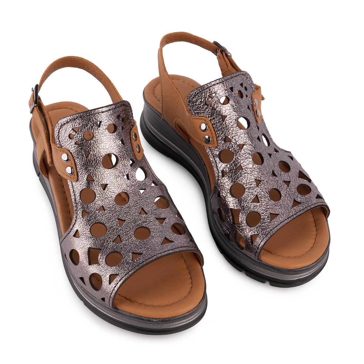 Hakiki Deri Günlük Lazer Kesimli Sandalet Bronz 8065