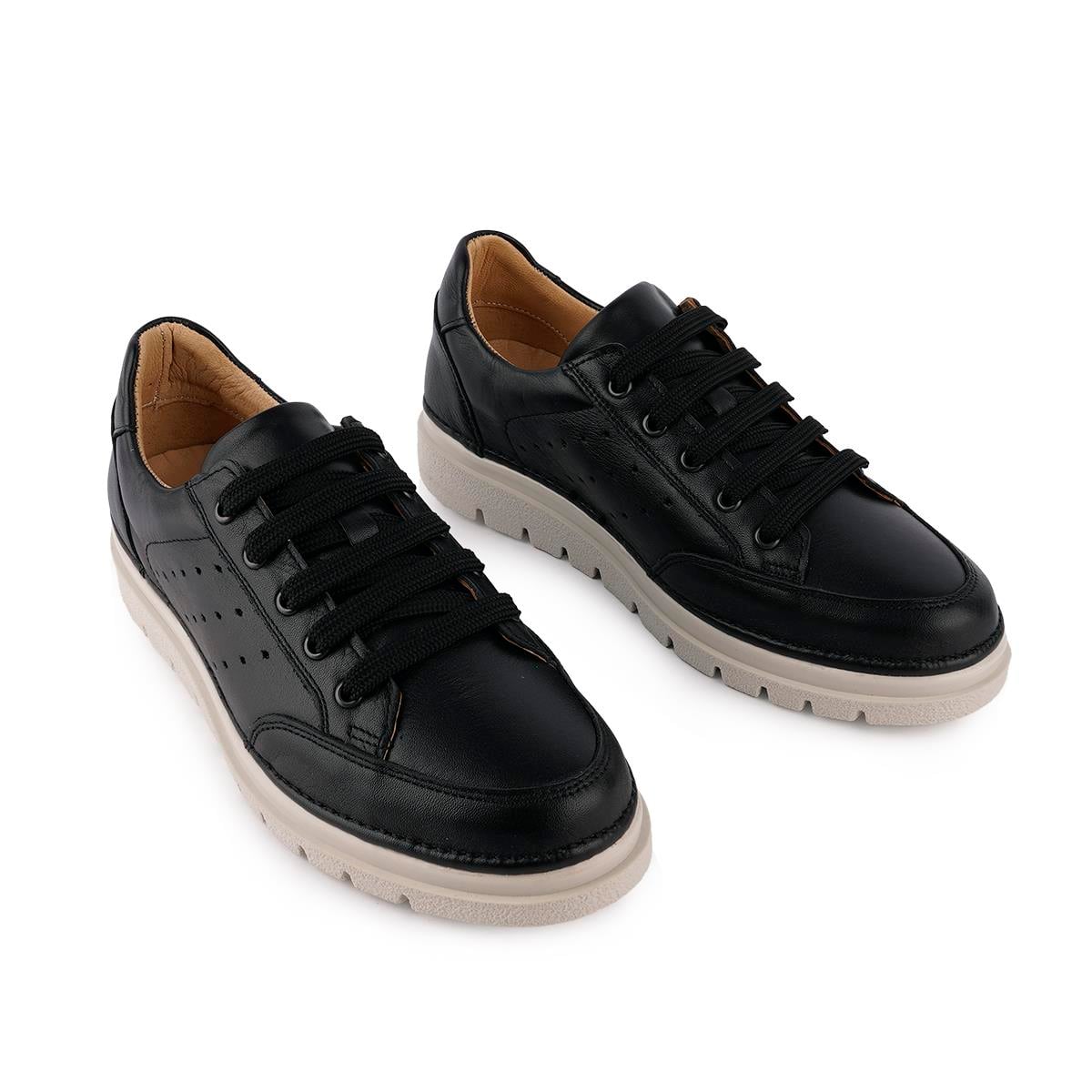 Hakiki Deri Ortopedik Yumuşak Günlük Sneaker Ayakkabı Siyah Deri