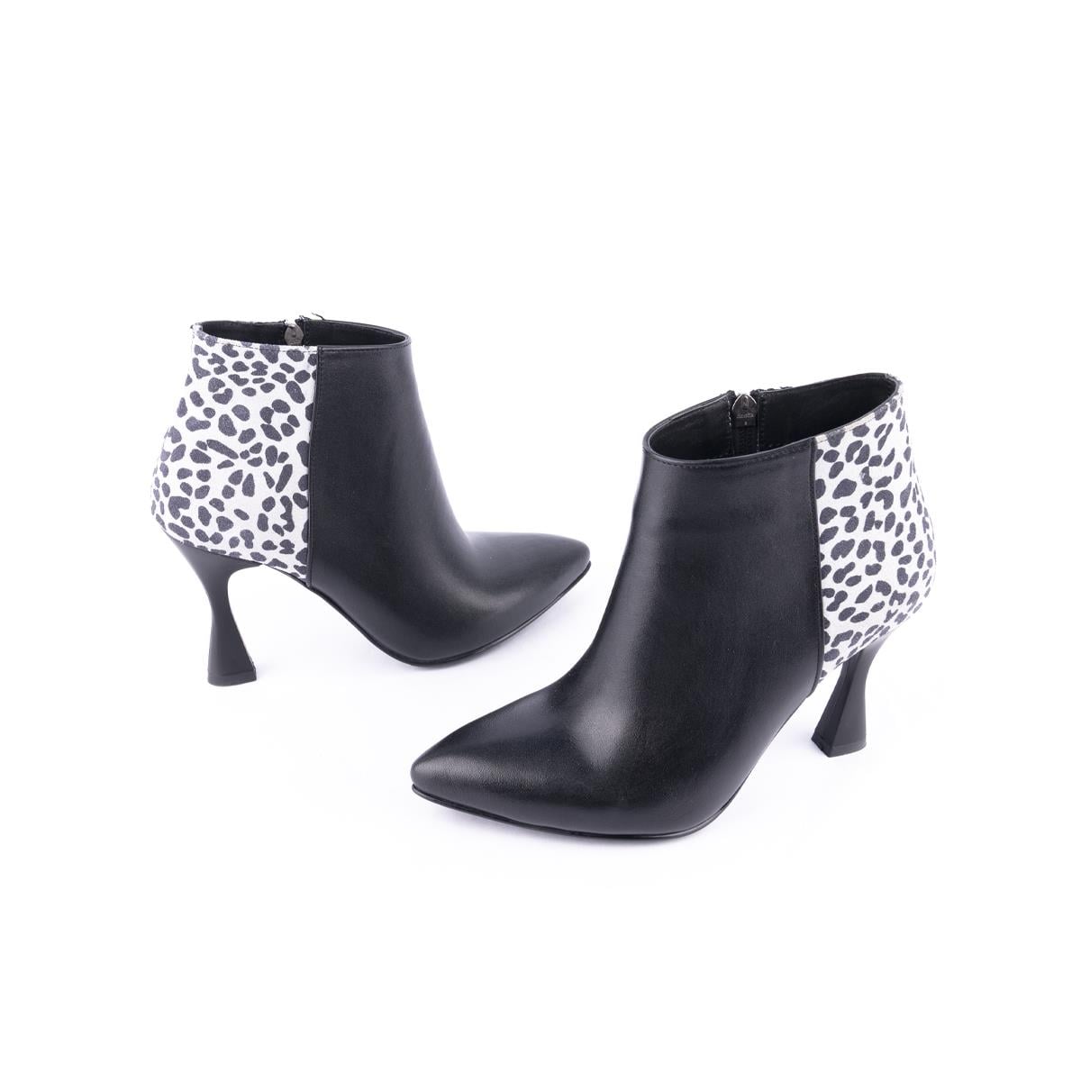 Modern Klasik Sade Topuklu stiletto Deri Bot Siyah Leopar 4412