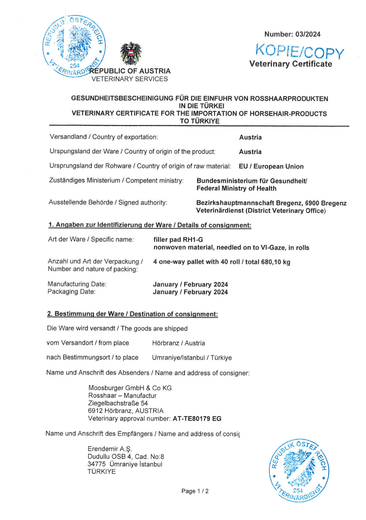 Avusturya Devleti Veterinar Sertifikası