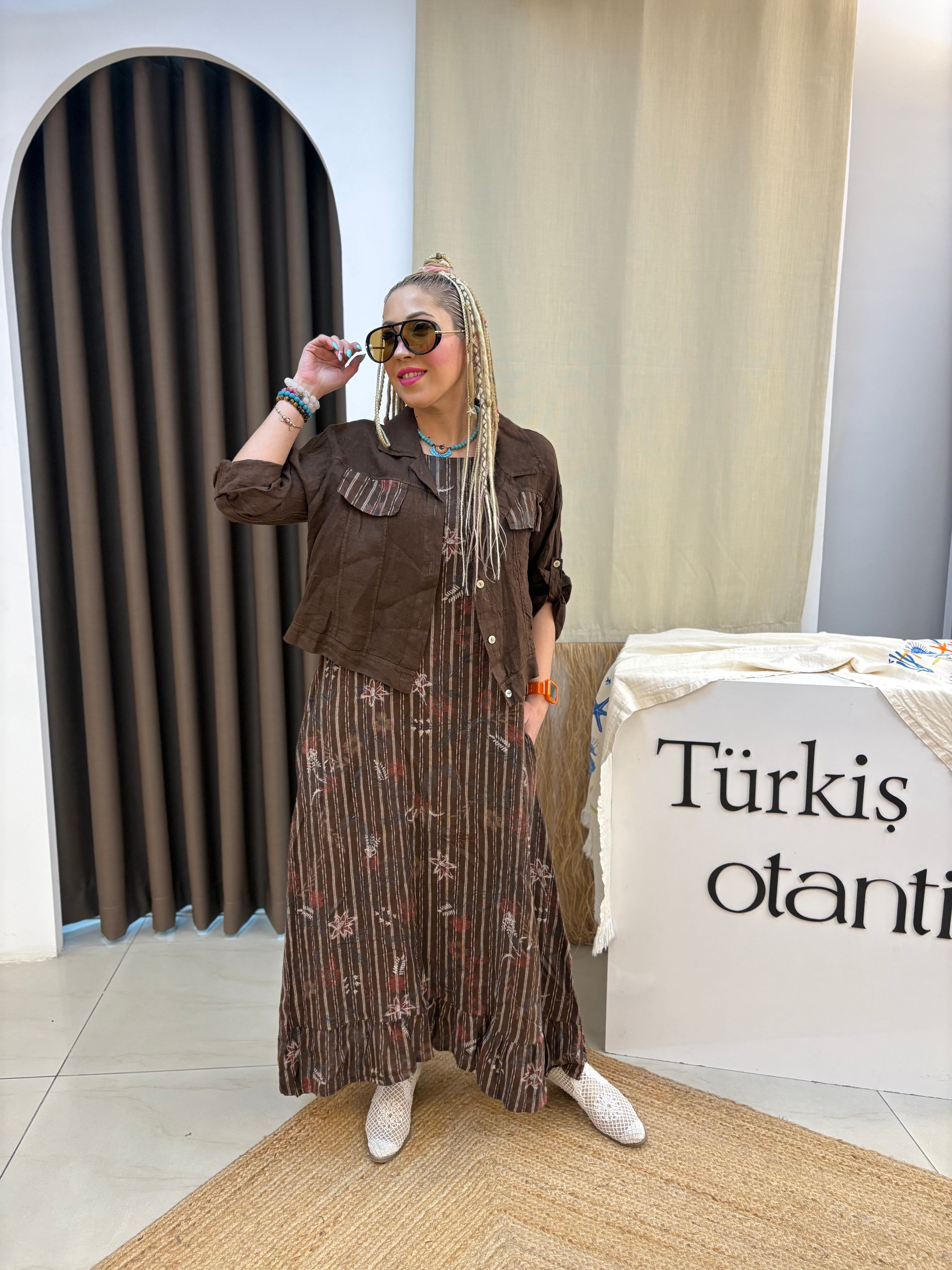 Acı Kahve Ham Keten İtalyan Ceketli Elbise