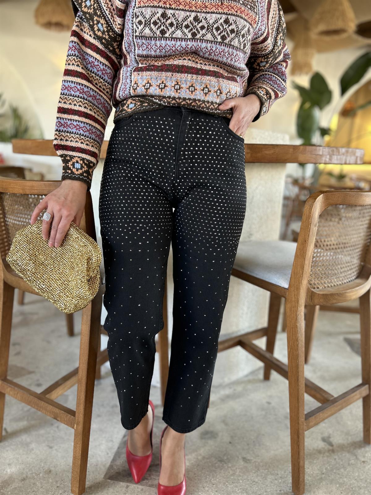 Antrasit Rengi Pullu Mom Jean  Pantalon