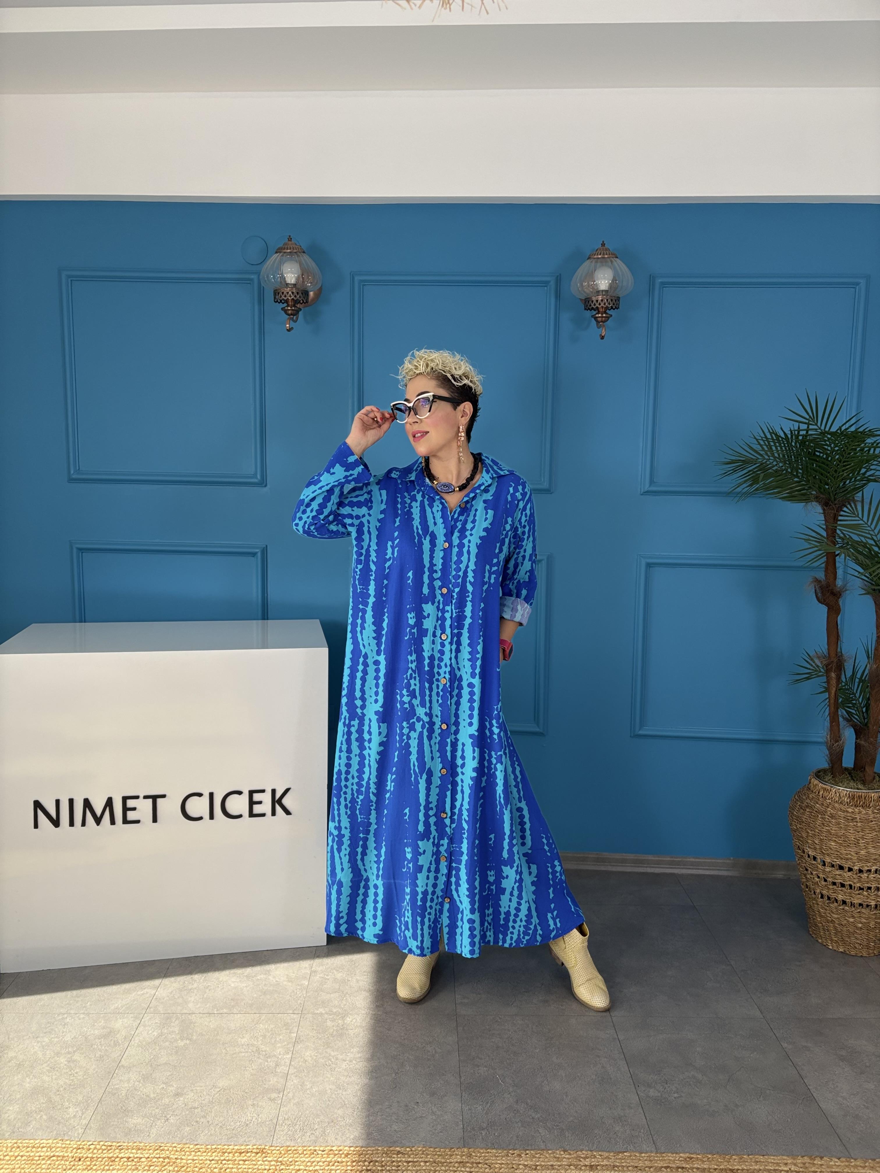 Batik Desen Turkuaz Uzun Gömlek Elbise