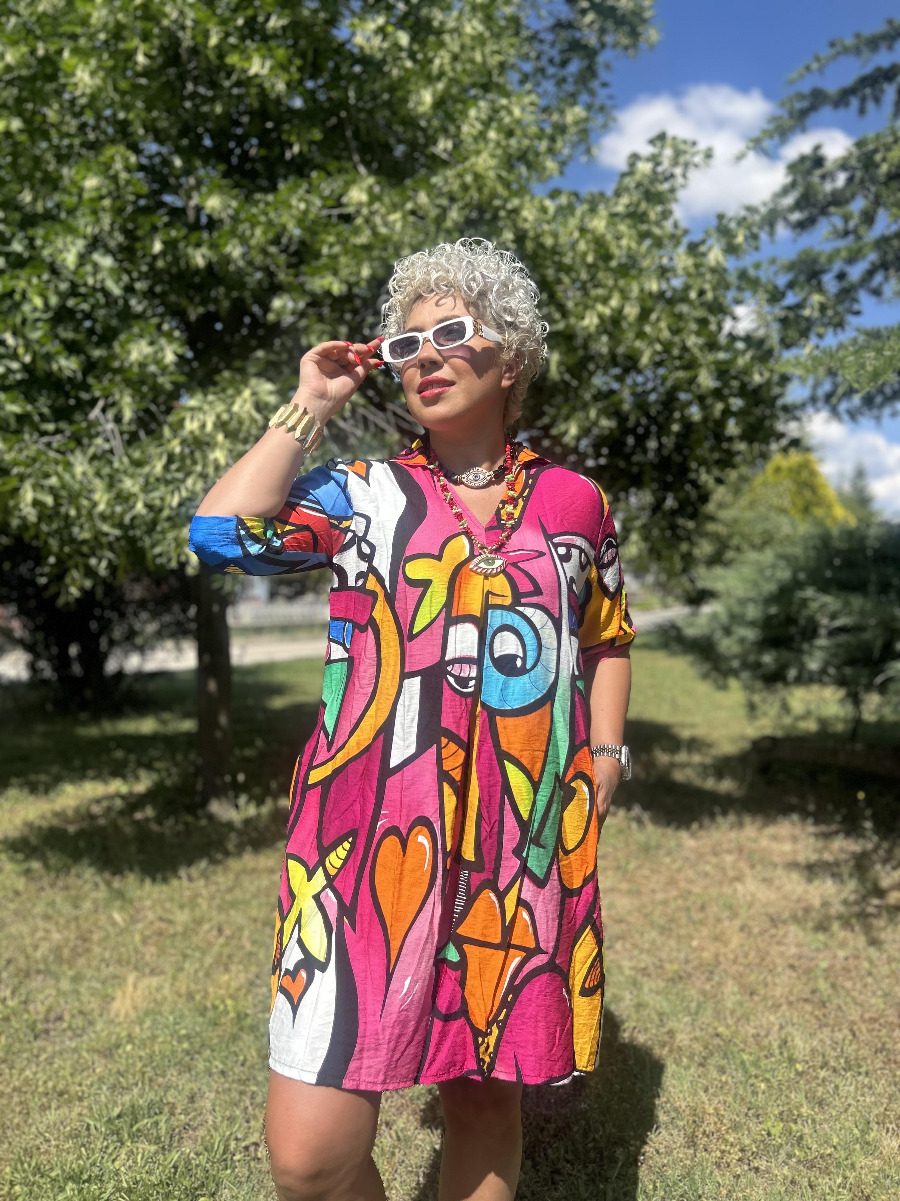 Bohem Desen Pembe İtalyan Pamuk Keten Elbise