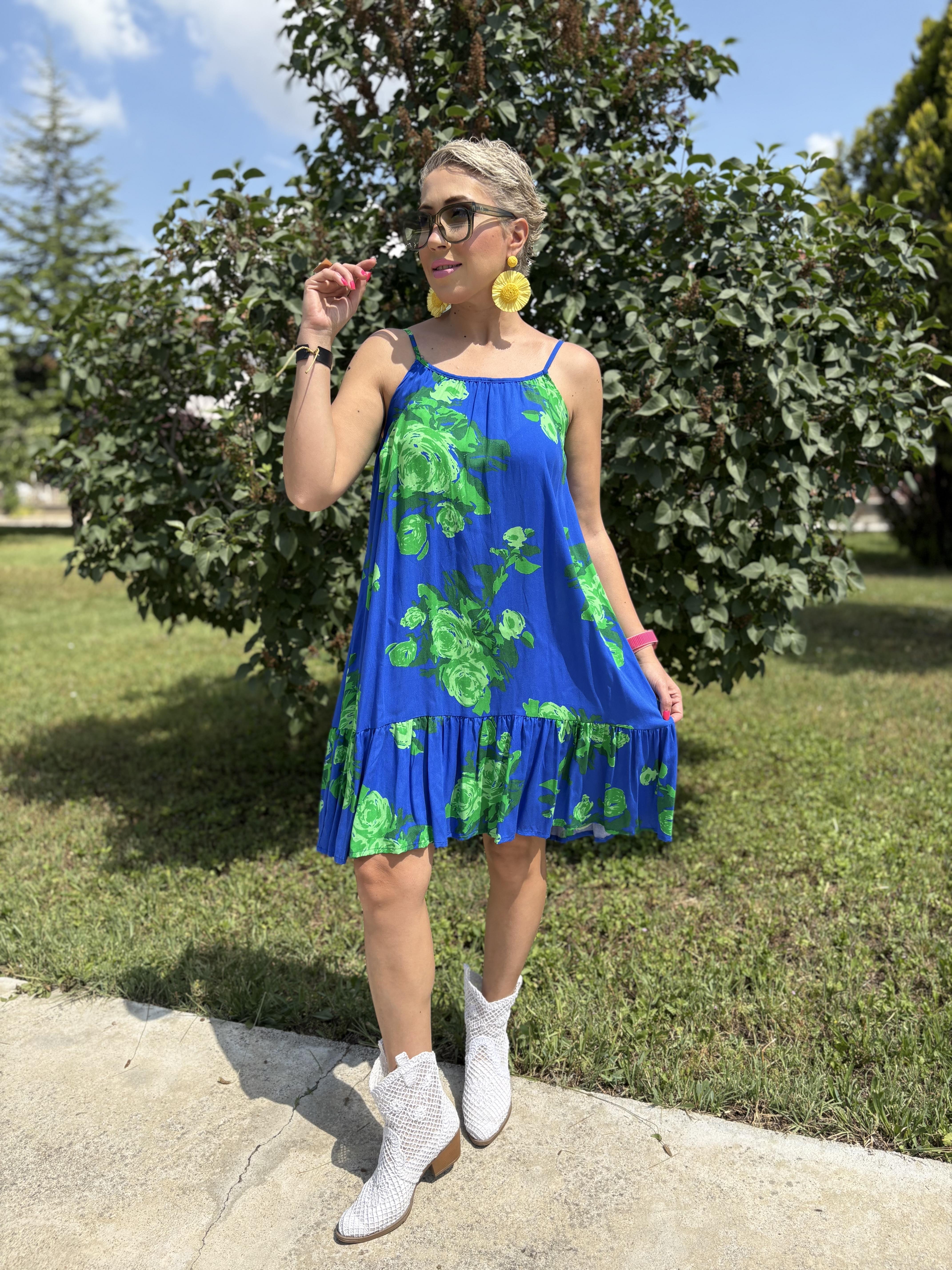 Çiçek Desenli Askılı Mavi Elbise