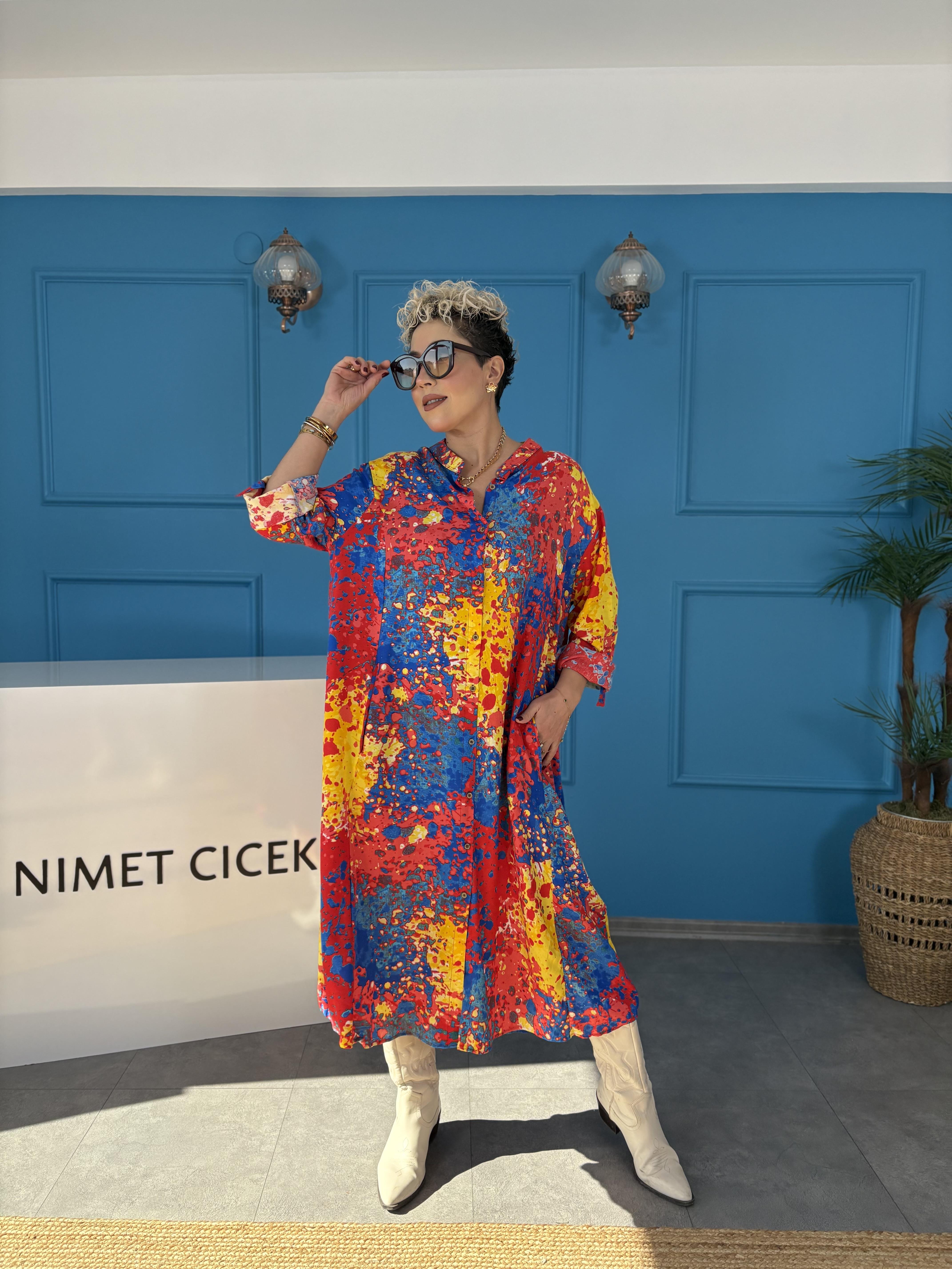 Fırça Desenli Uzun Gömlek Elbise 5