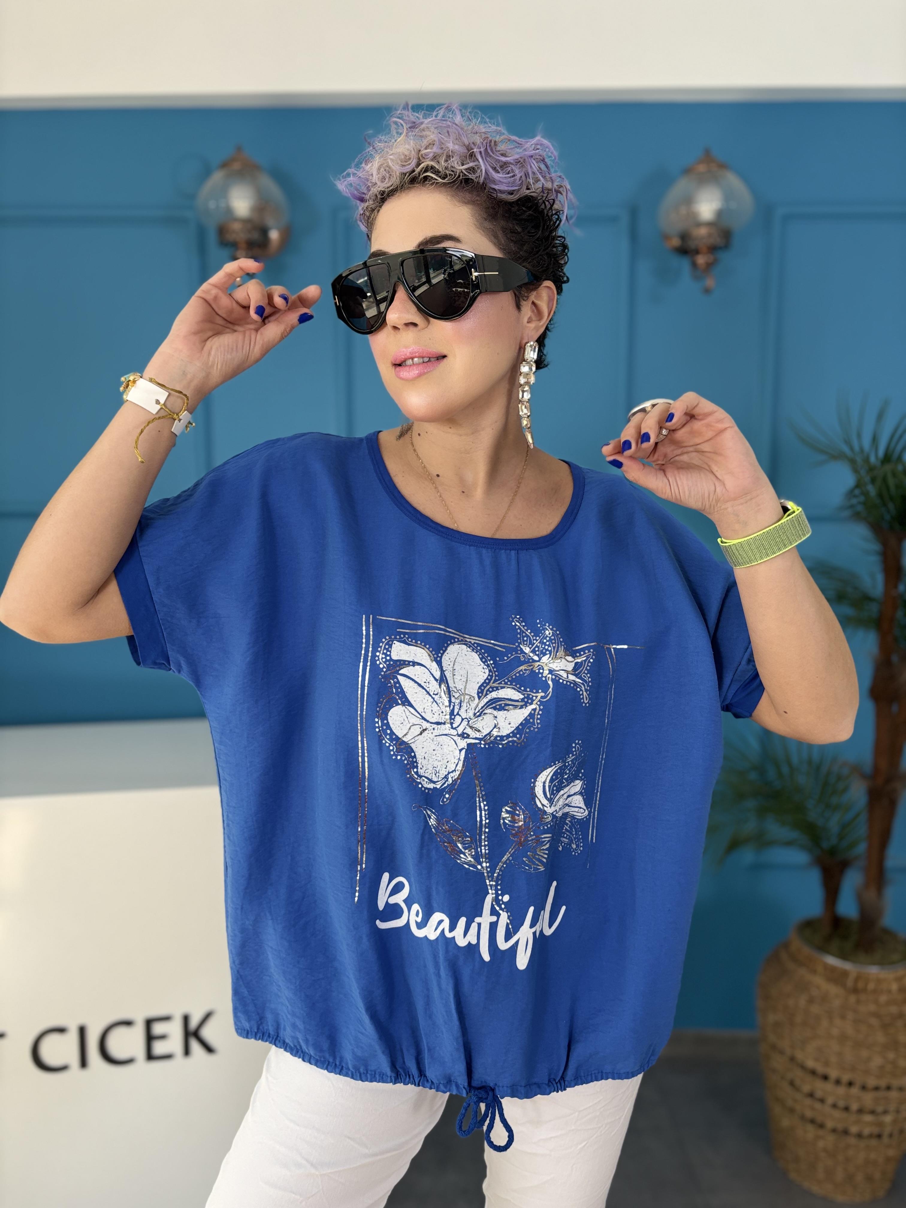 İtalyan Arkası Dantel Detaylı Sax Mavi Bluz