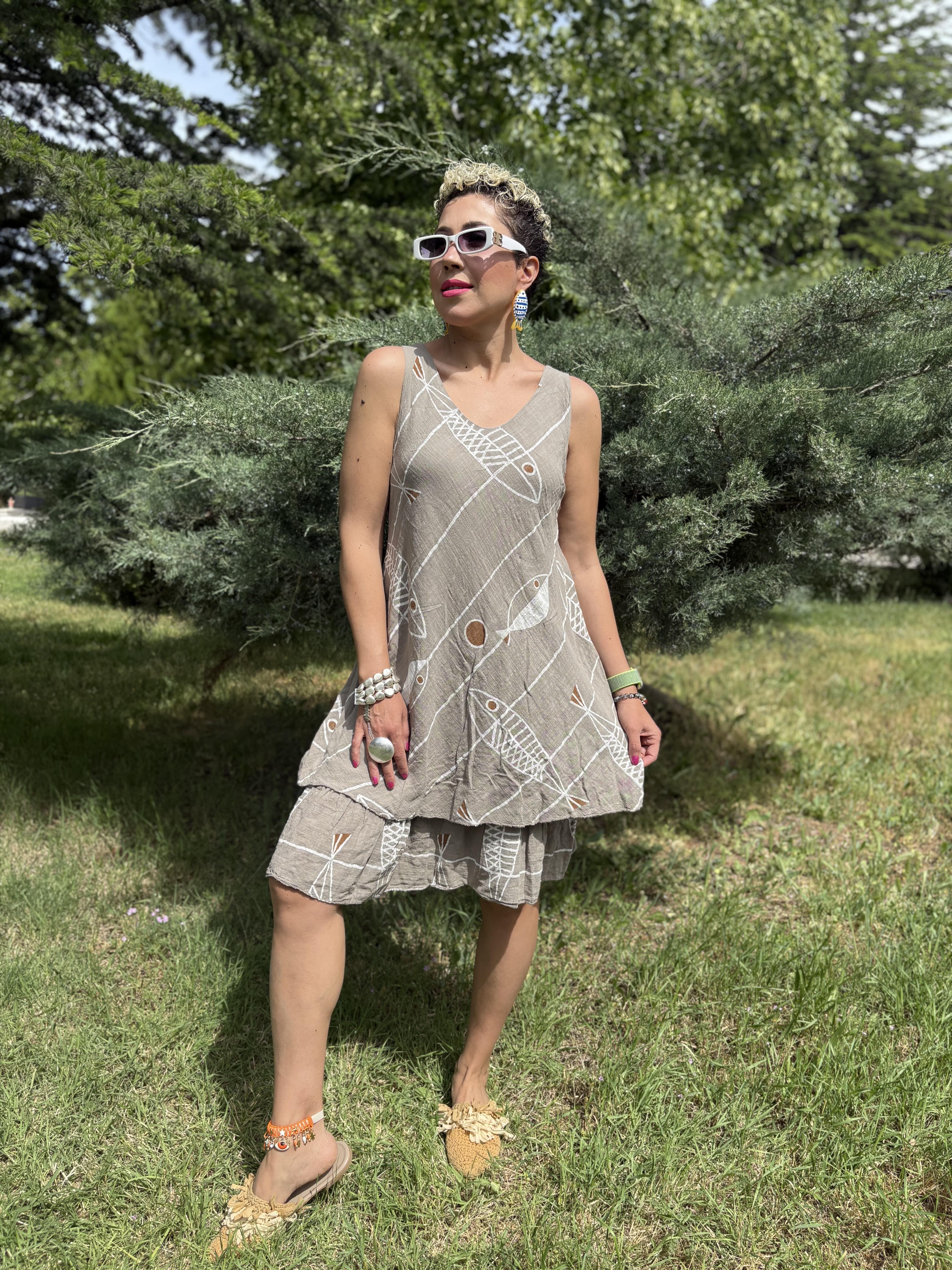 İtalyan Askılı Pamuklu Vizon Balıklı Elbise