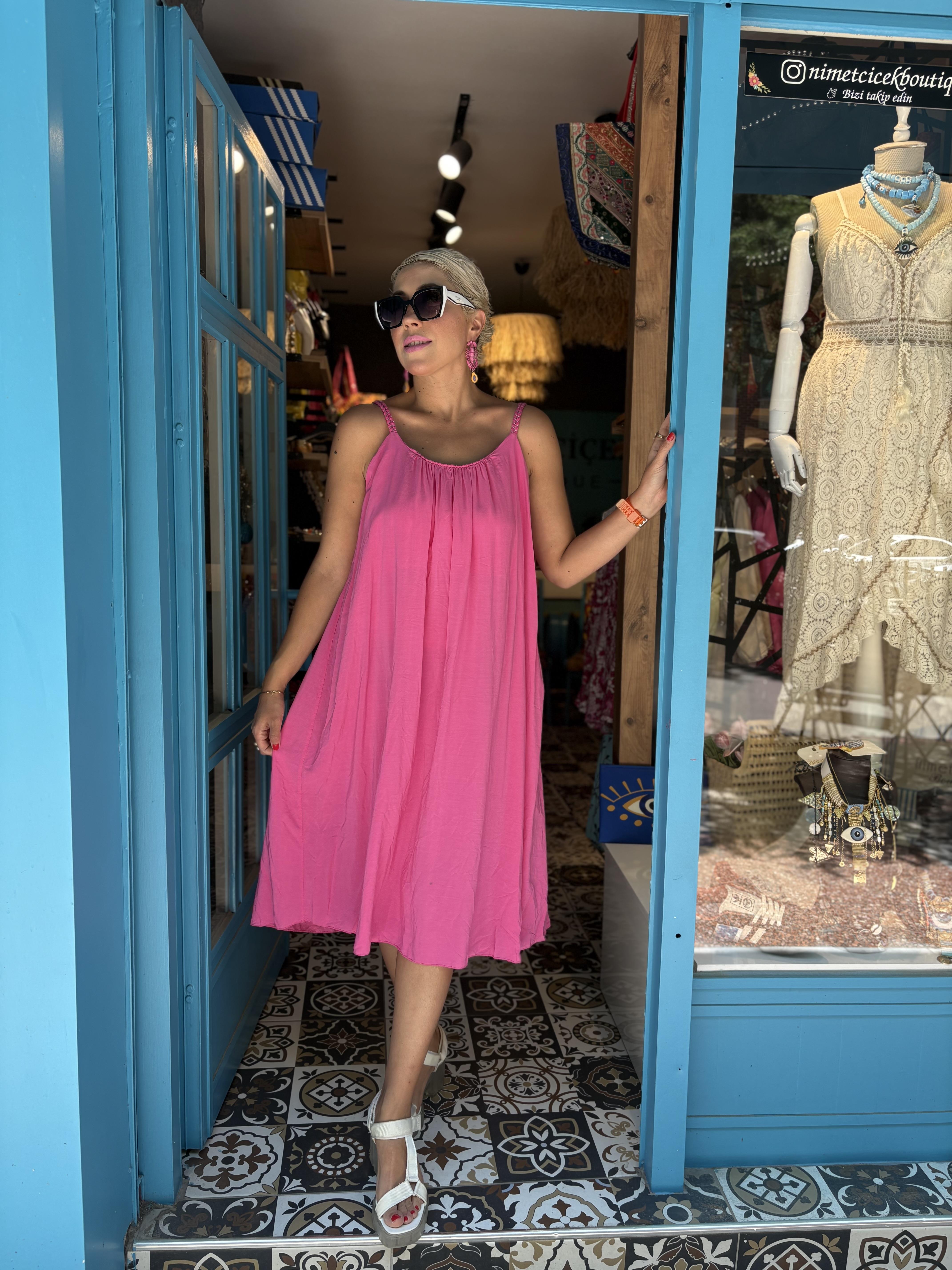 İtalyan Askılı Pembe Palermo Elbise