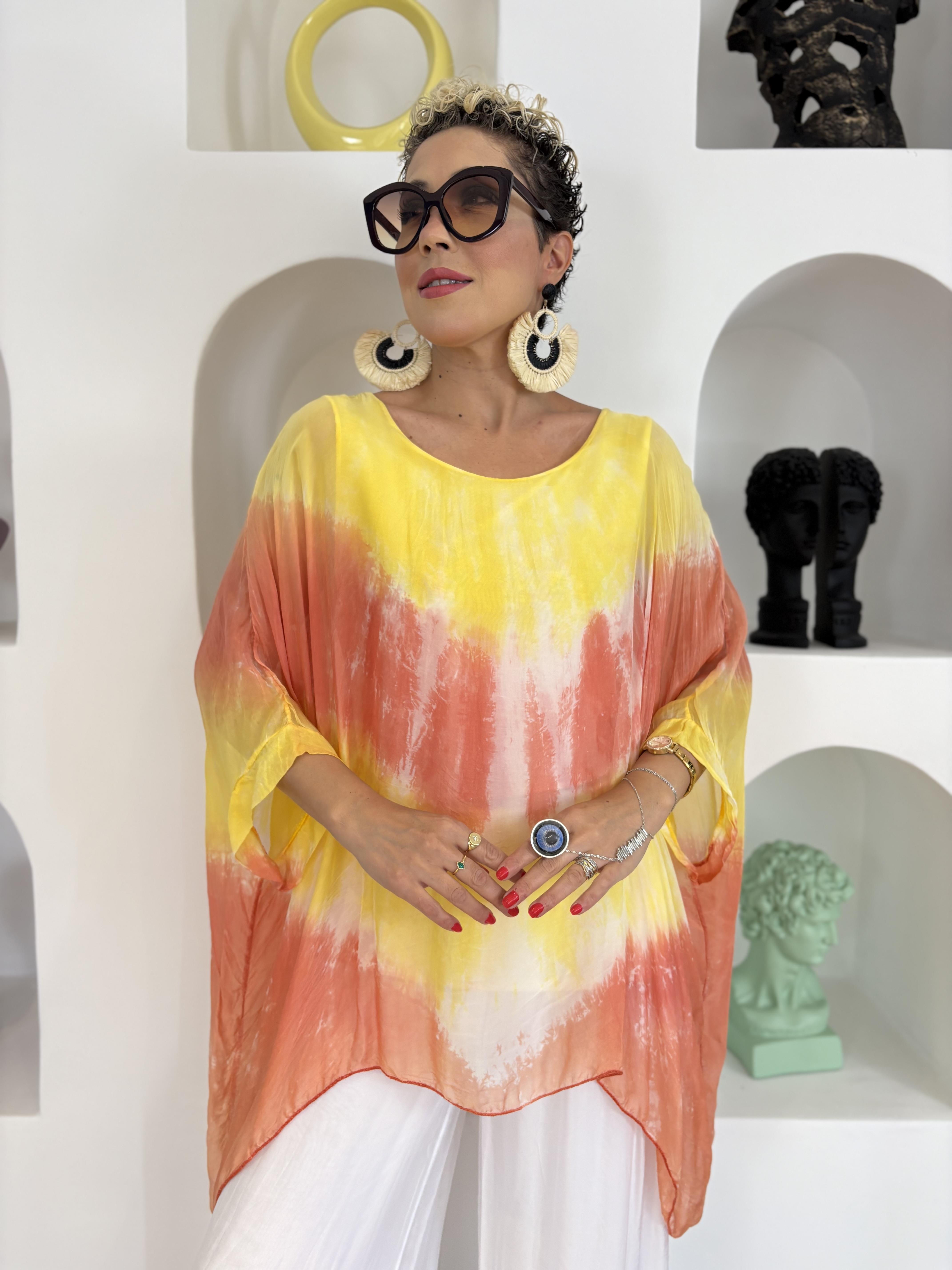 İtalyan Batik Desen Sarı İpek Bluz