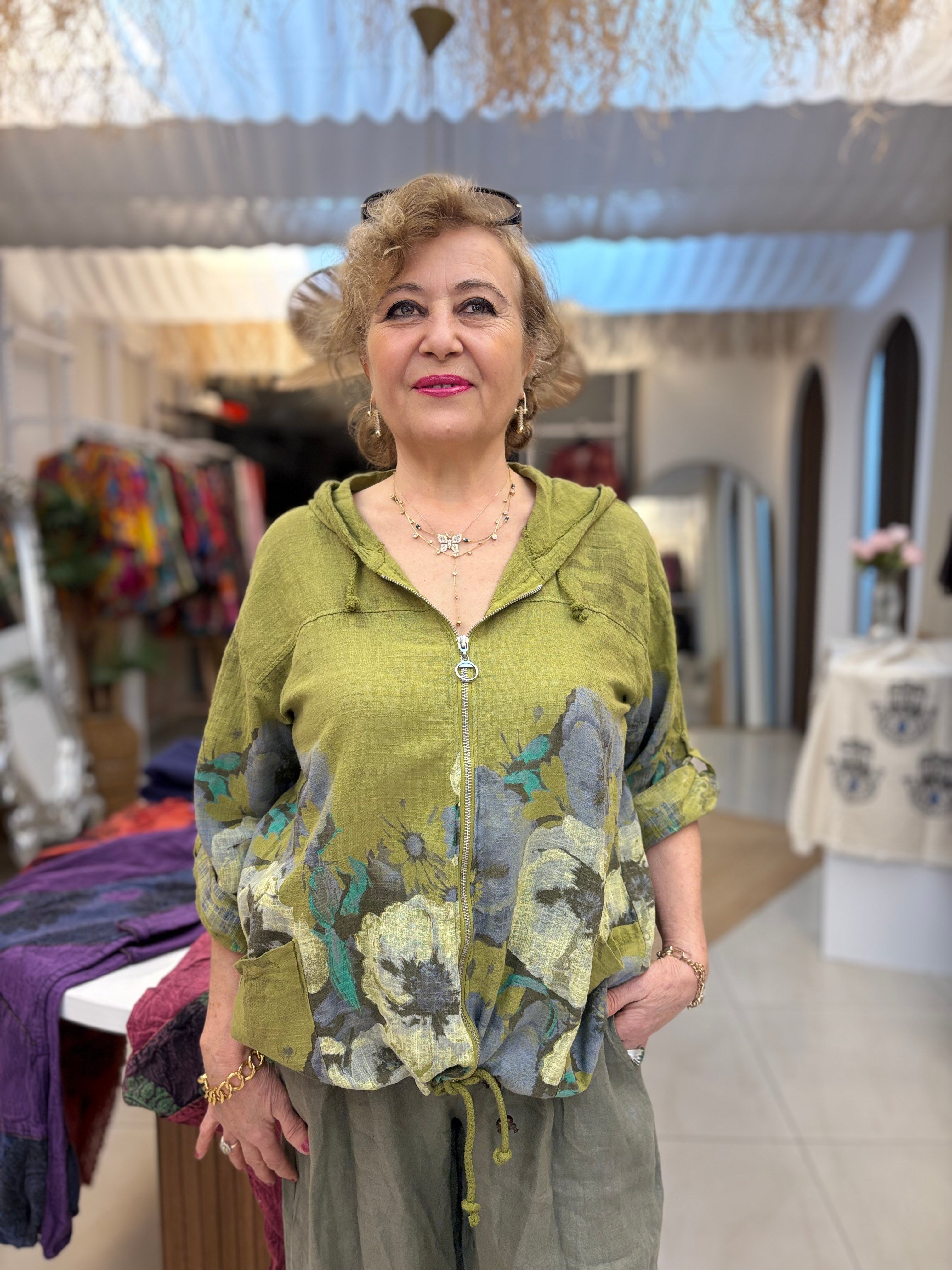 İtalyan Çiçek Desen Kapşonlu Pamuk Keten Yeşil Ceket