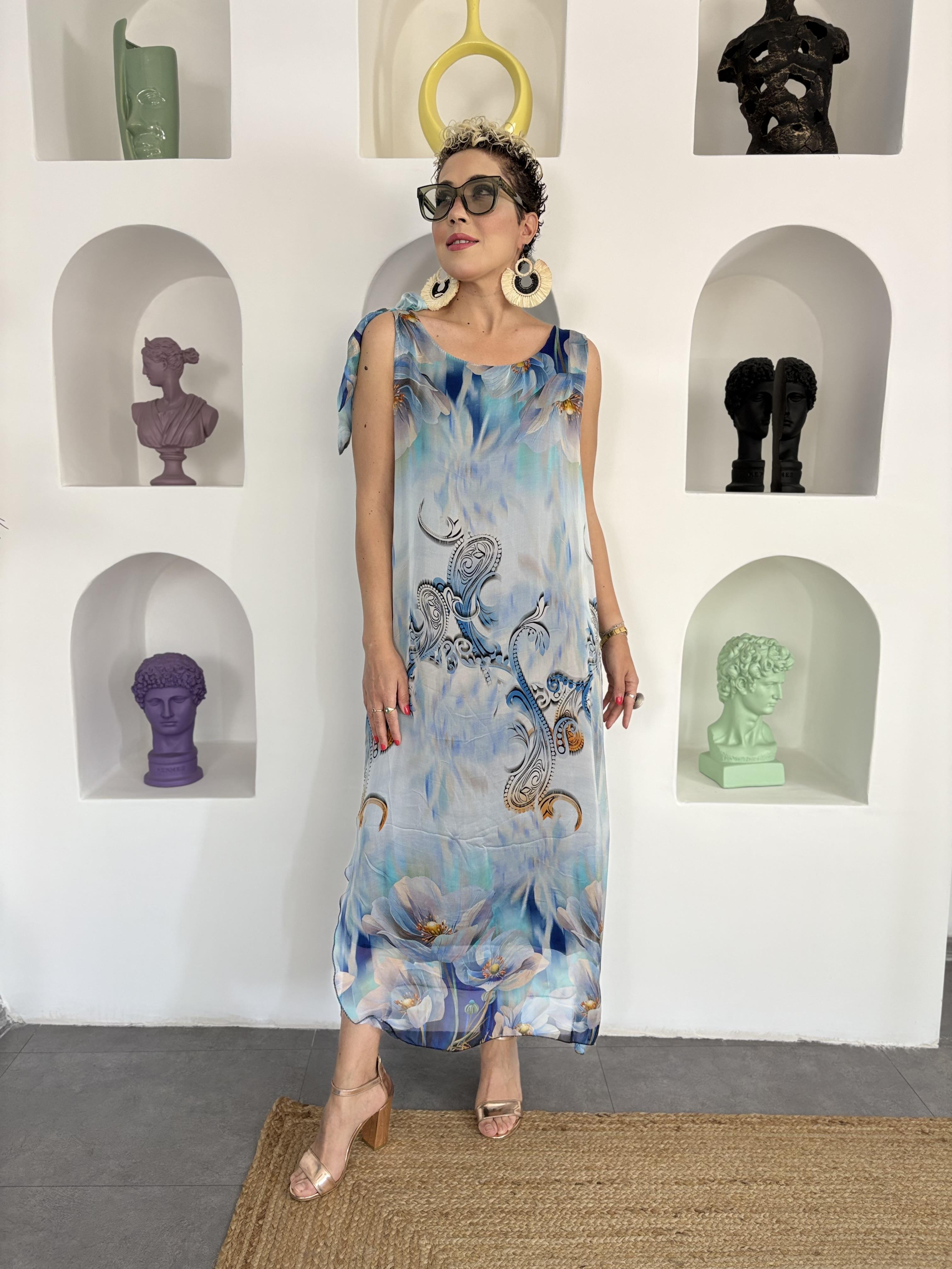 İtalyan Çiçek Desenli Askılı Mavi İpek Elbise