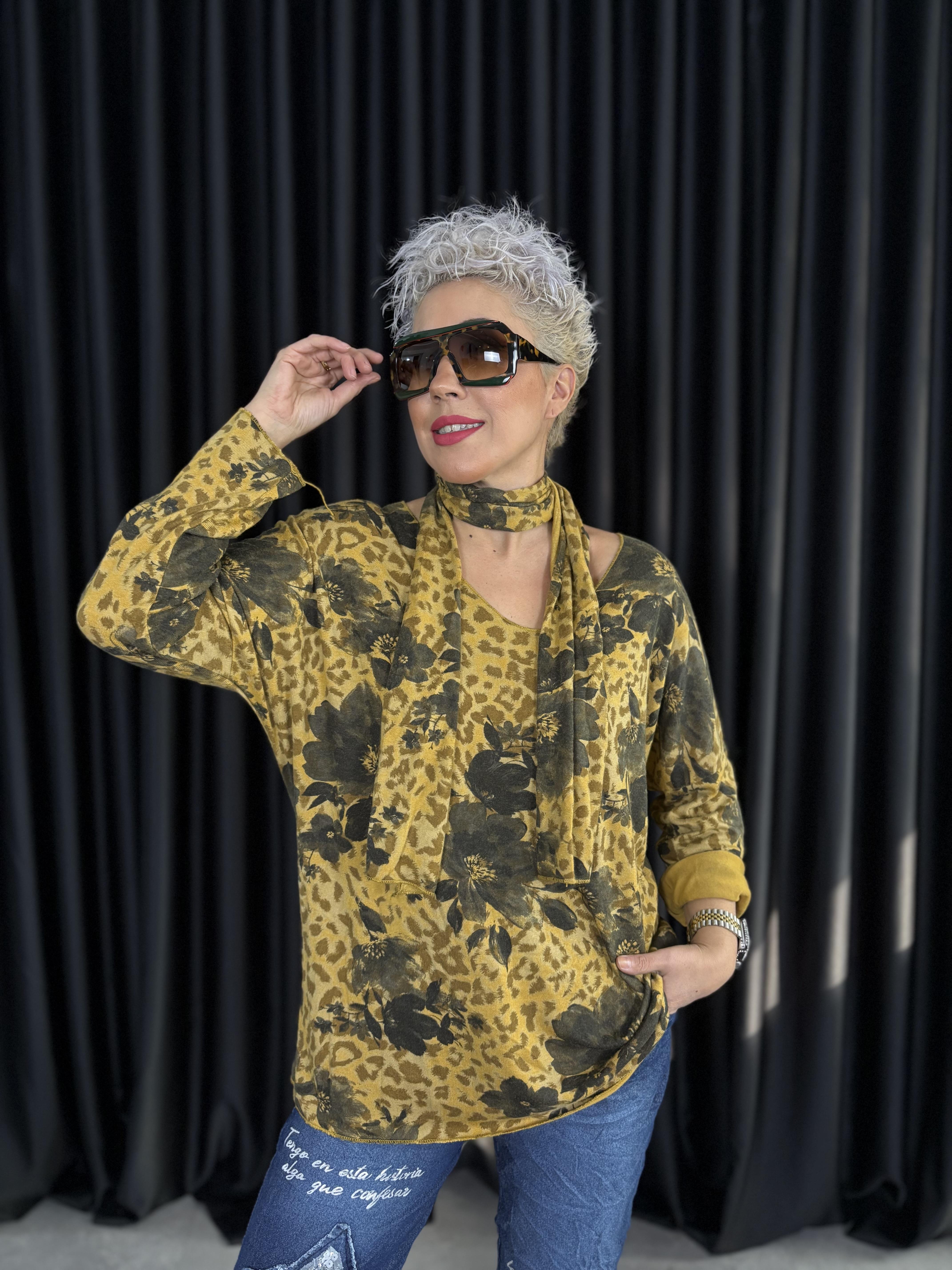 İtalyan Çiçek Desenli Şallı Hardal Bluz