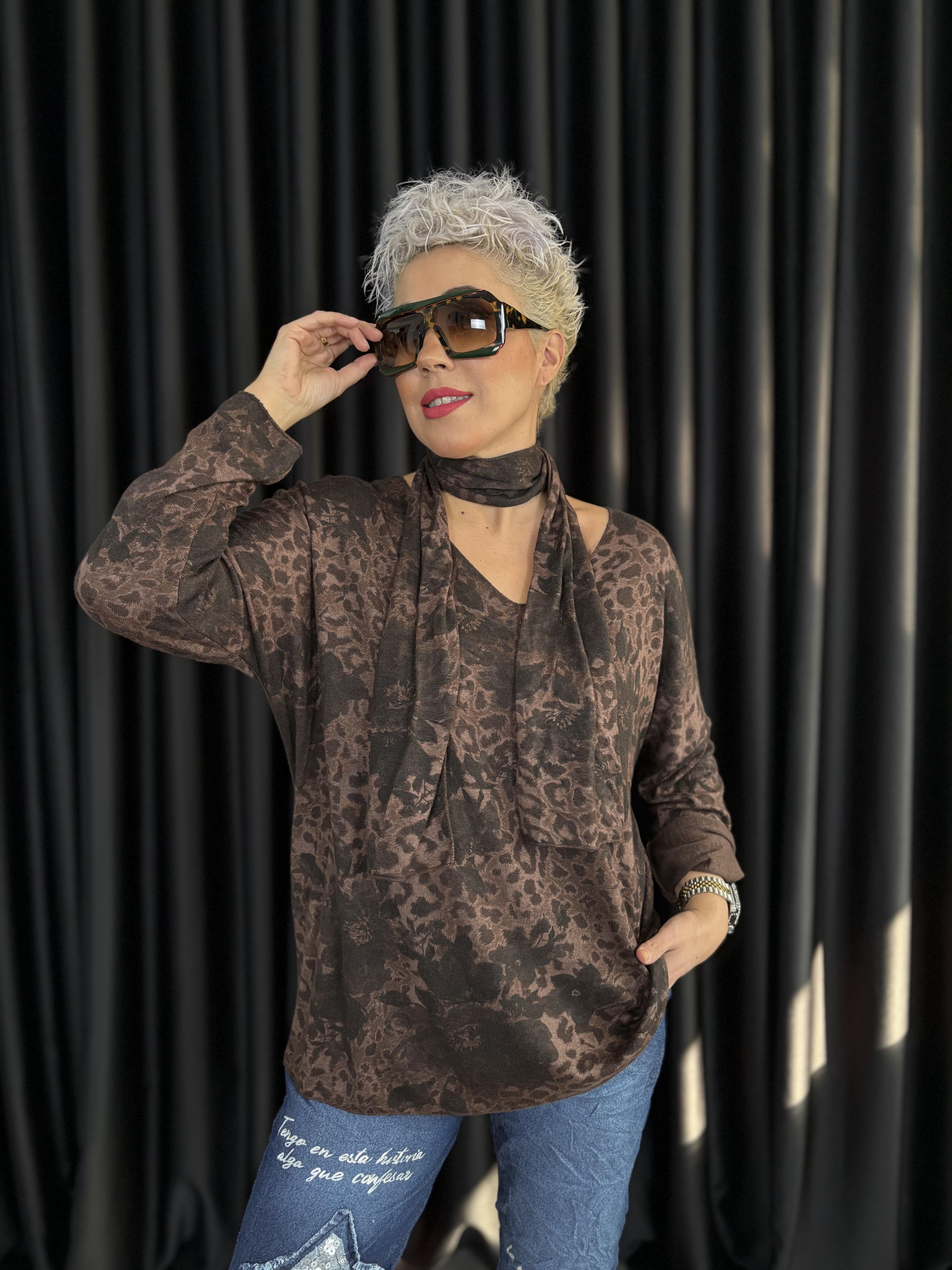 İtalyan Çiçek Desenli Şallı Kahve Bluz