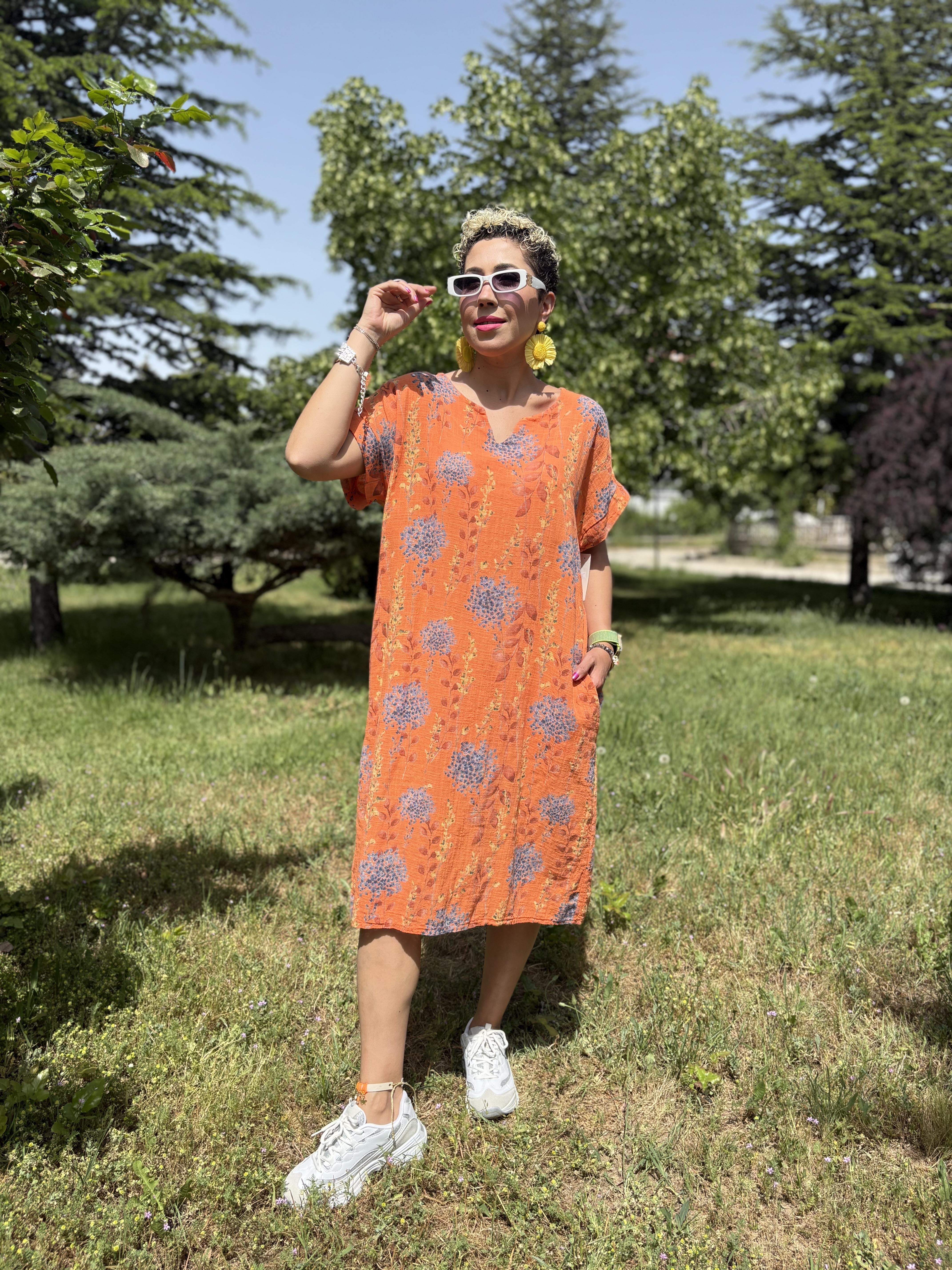 İtalyan Çiçekli Salaş Turuncu Keten Elbise