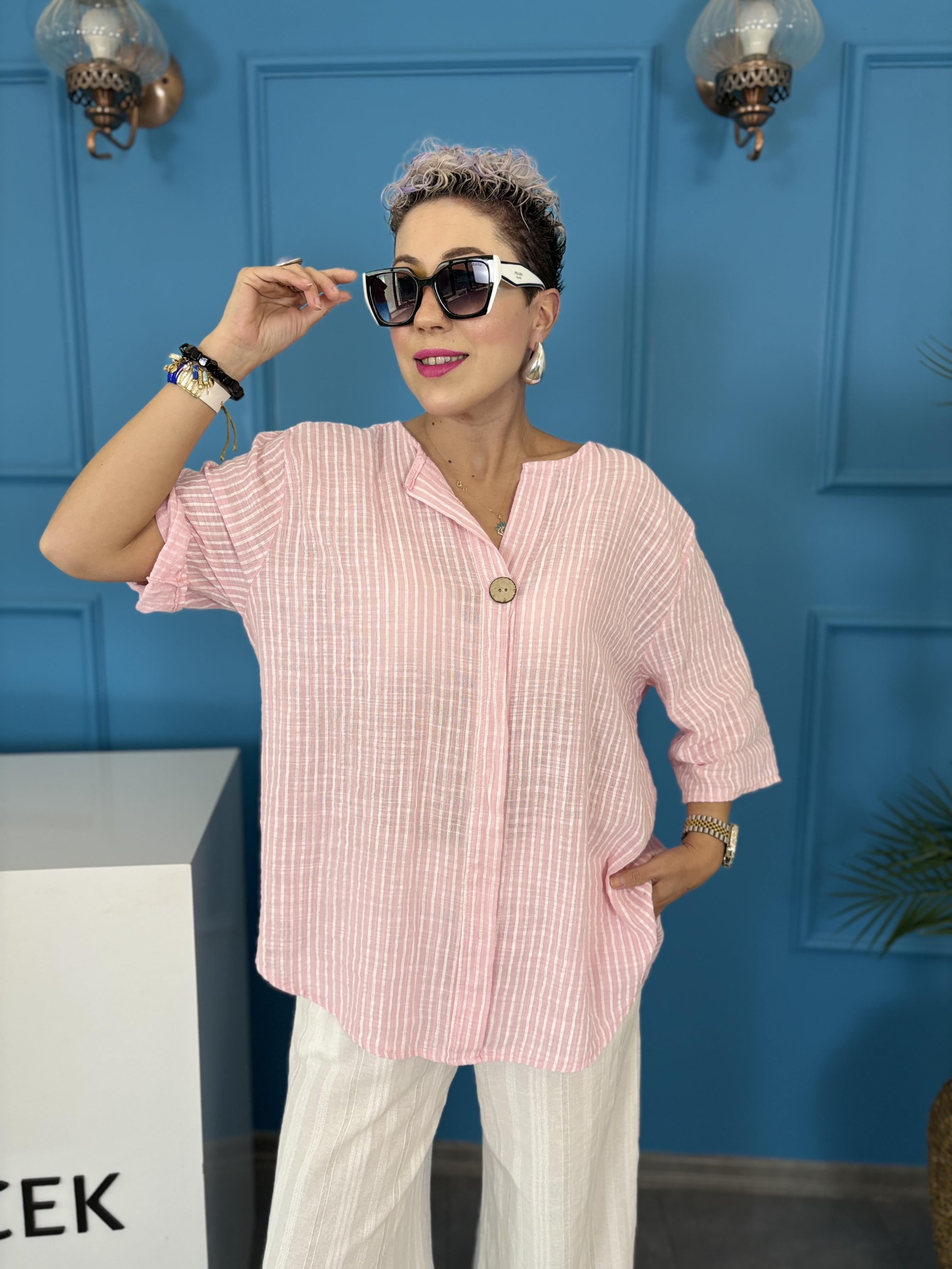 İtalyan Çizgili Pembe Keten Bluz
