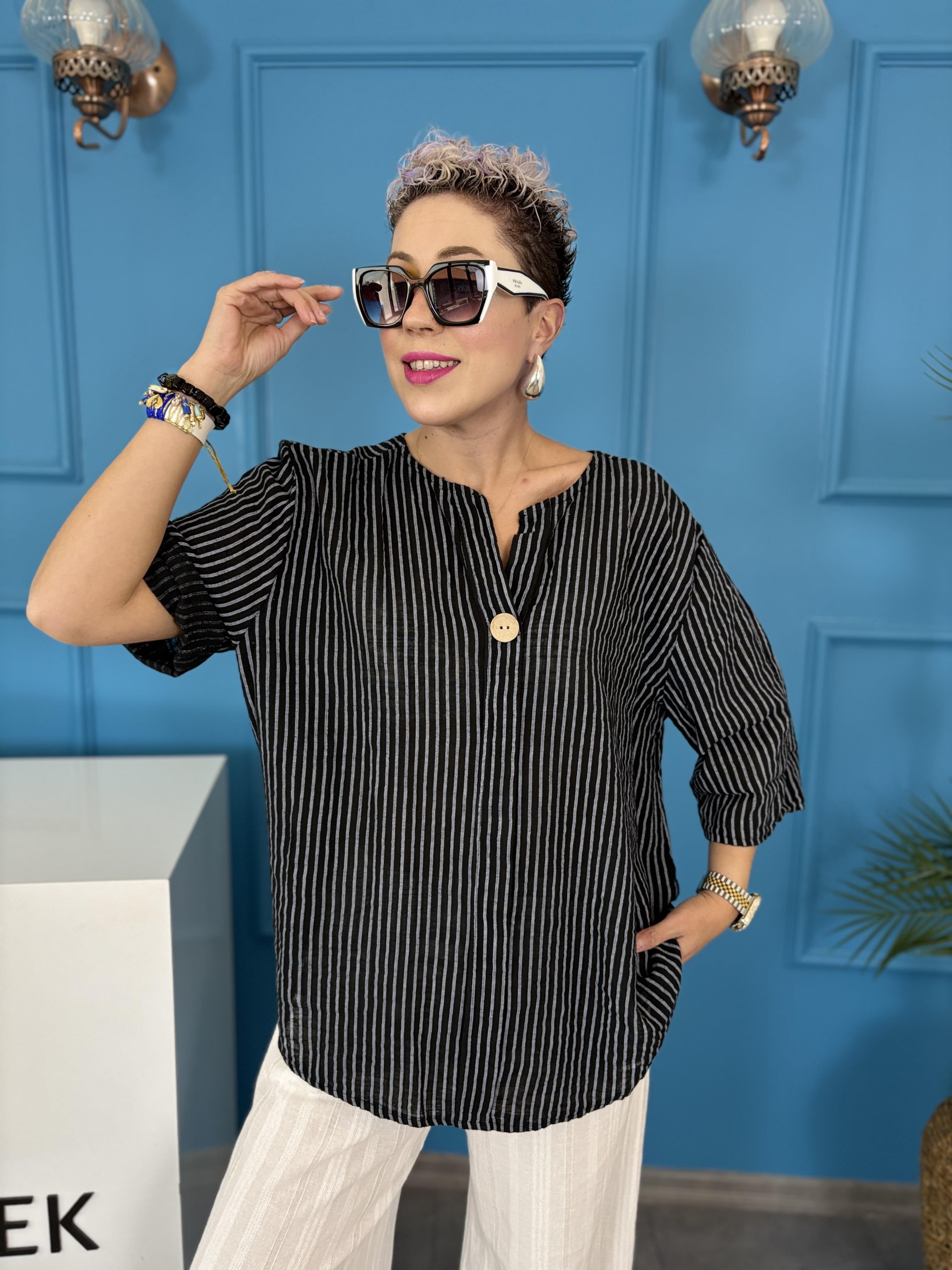 İtalyan Çizgili Siyah Keten Bluz