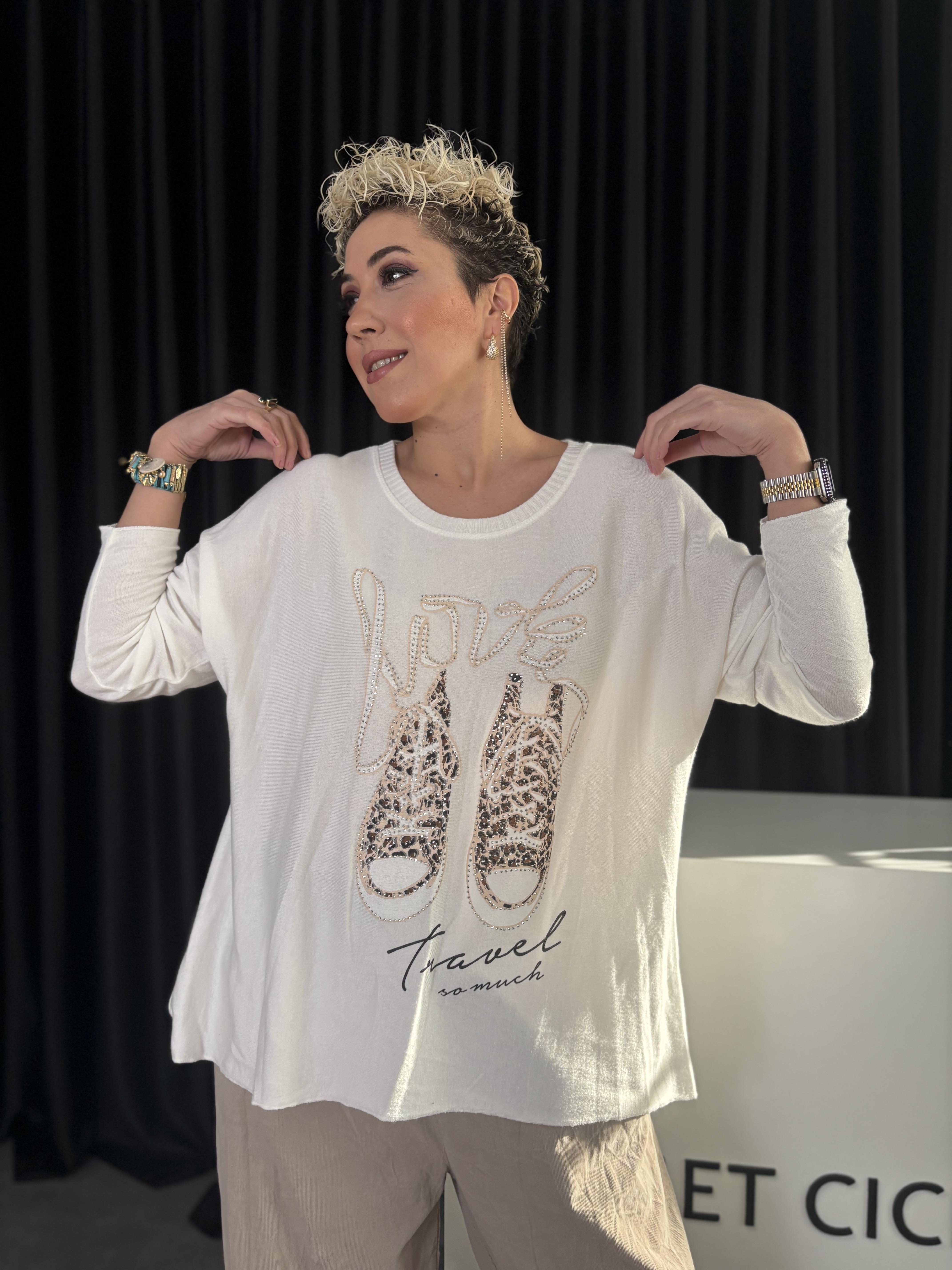 İtalyan Convers Detaylı Taş İşlemeli Beyaz Triko