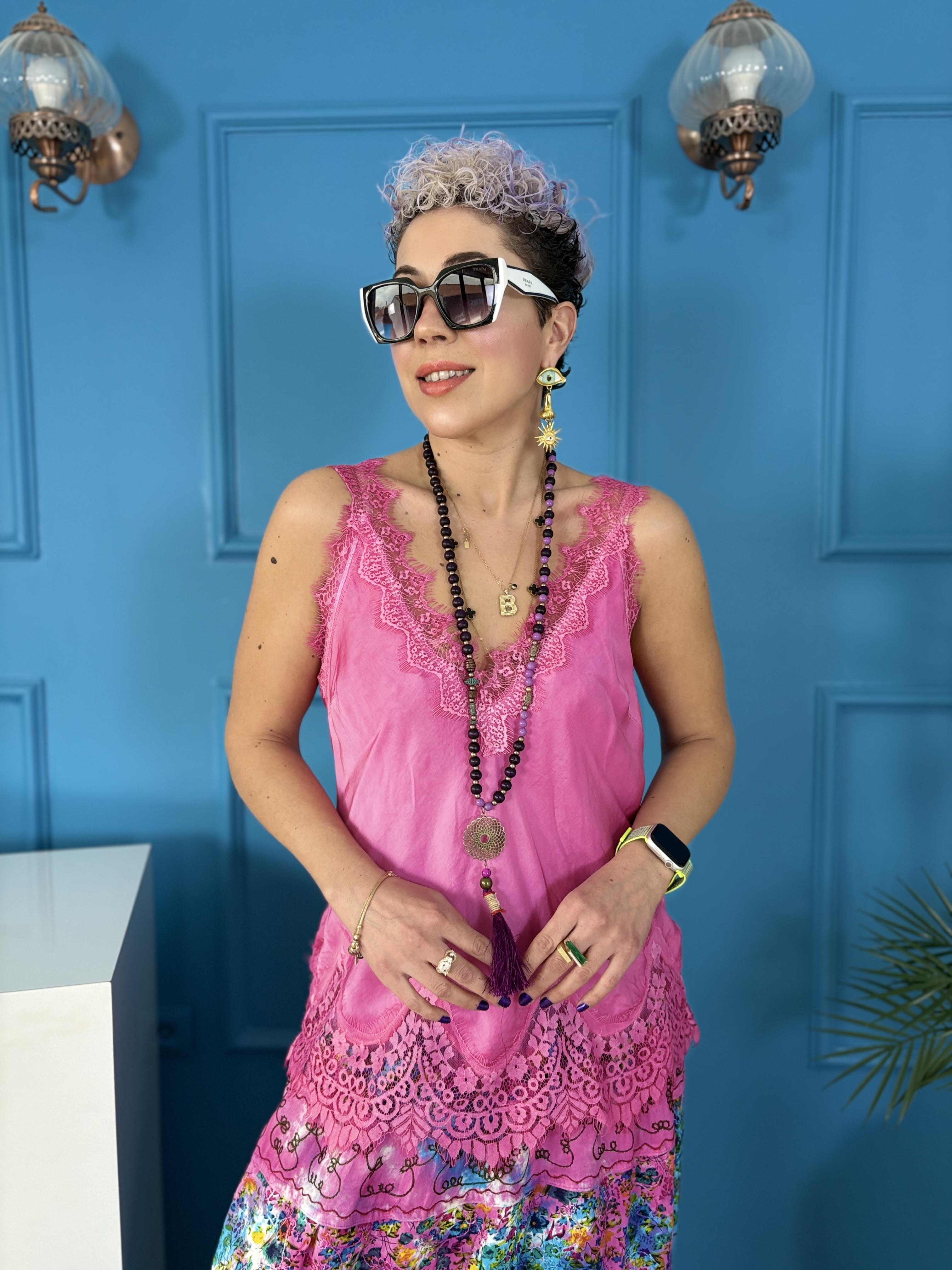 İtalyan Dantelli Fuşya İpek Bluz