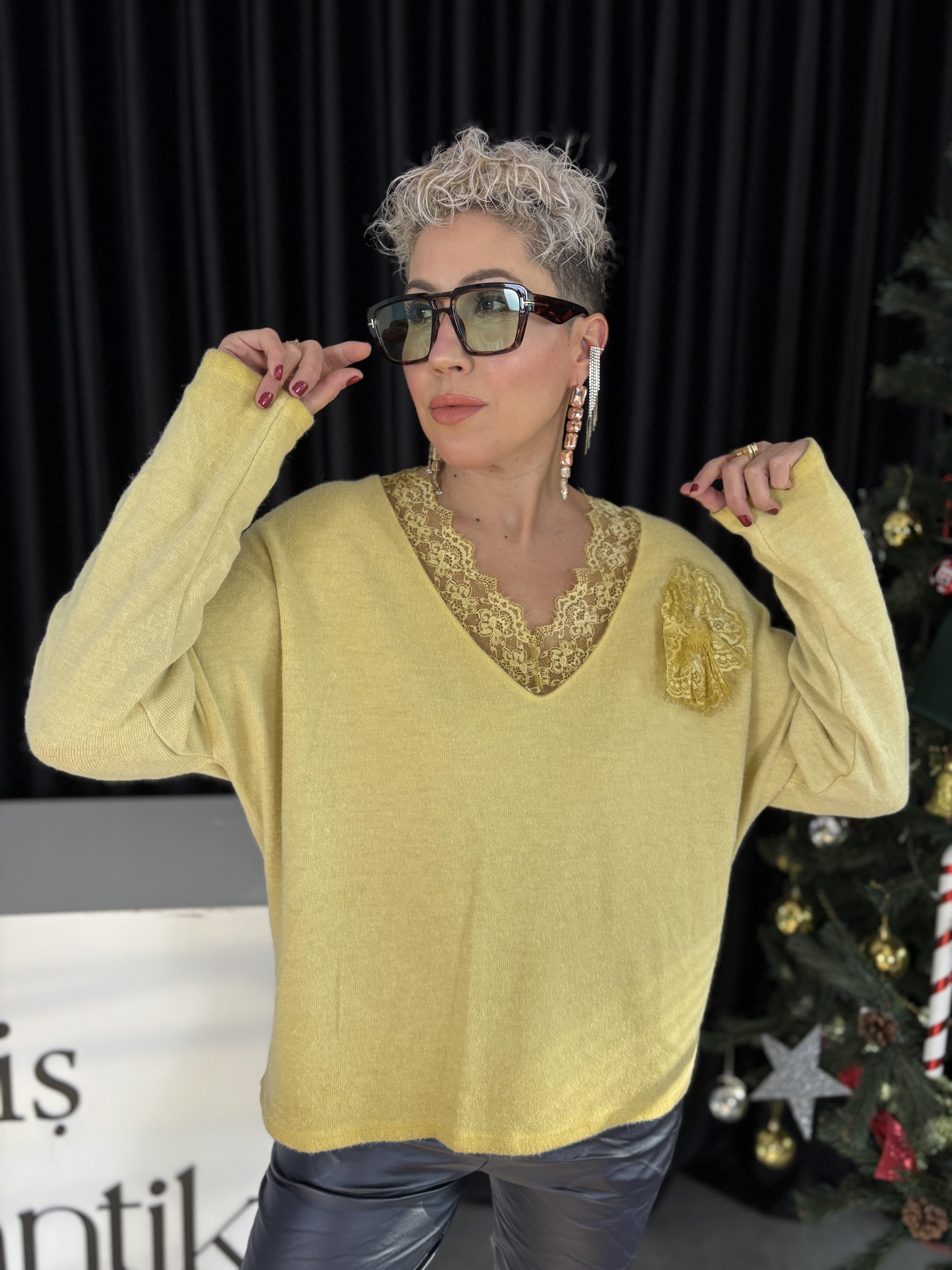 İtalyan Dantelli Sarı Angora Kazak