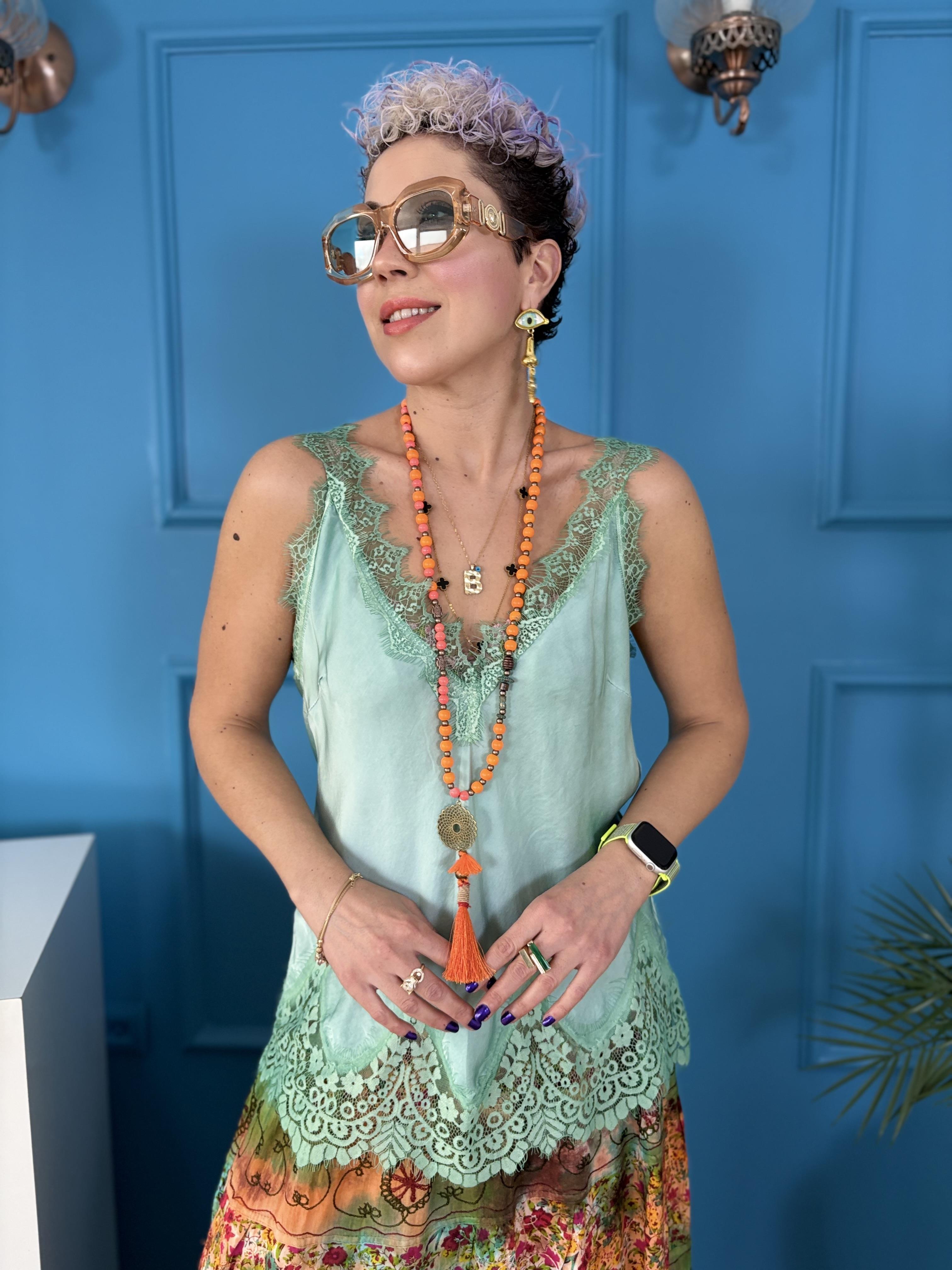 İtalyan Dantelli Yeşil İpek Bluz