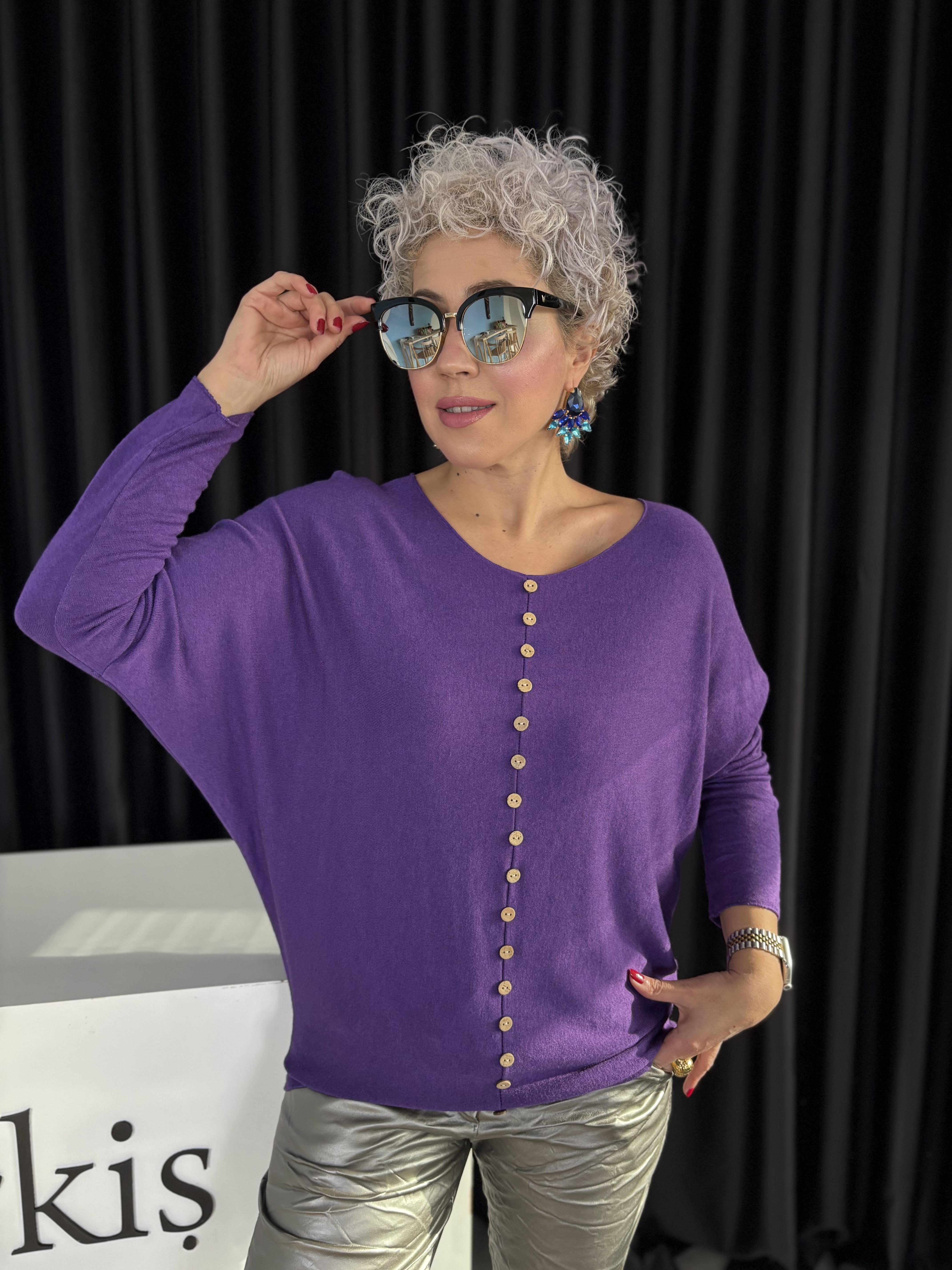 İtalyan Düğmeli Mor Triko Bluz