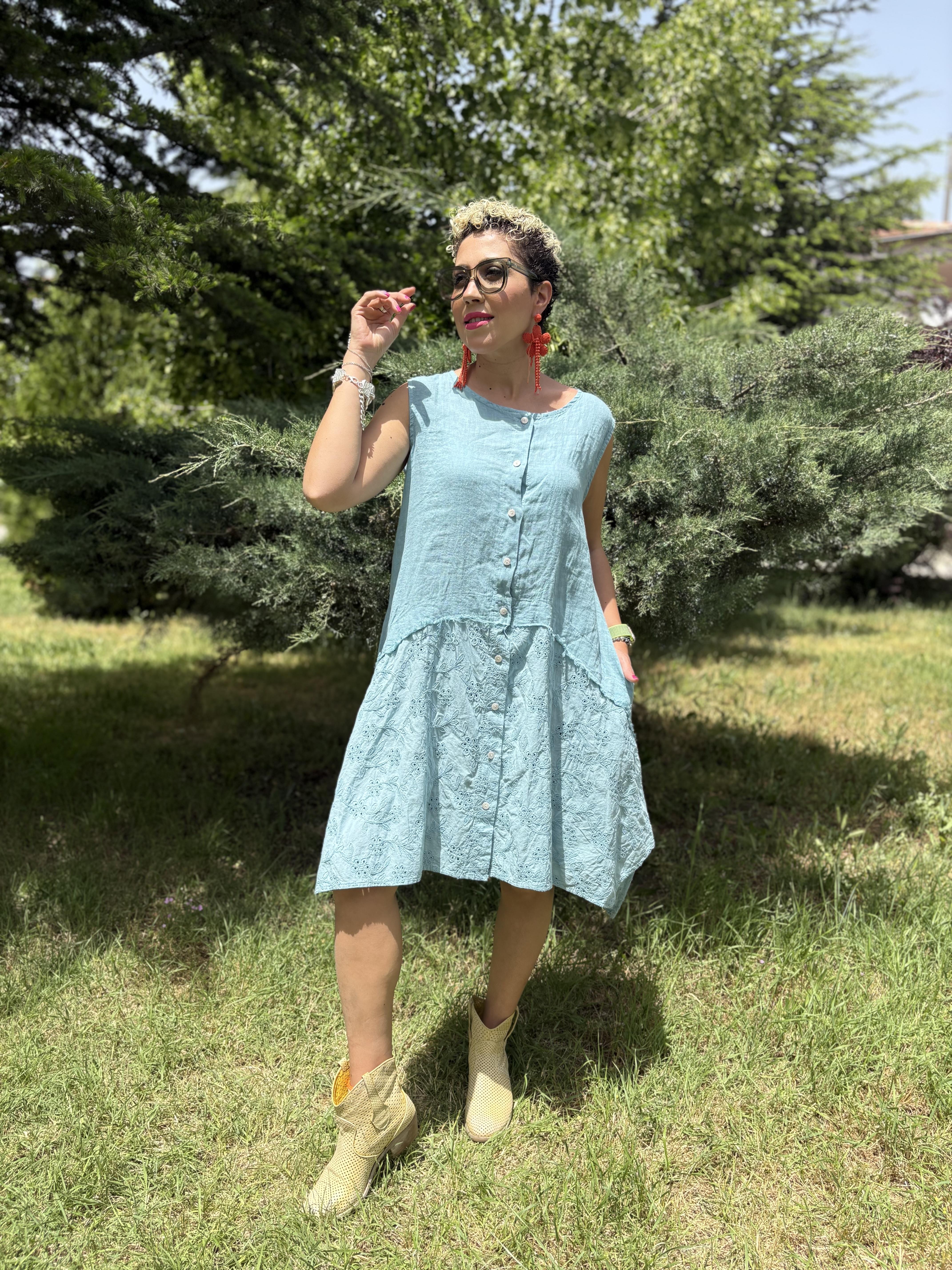 İtalyan Fisto Detaylı Bebe Mavisi Pamuk Keten Elbise