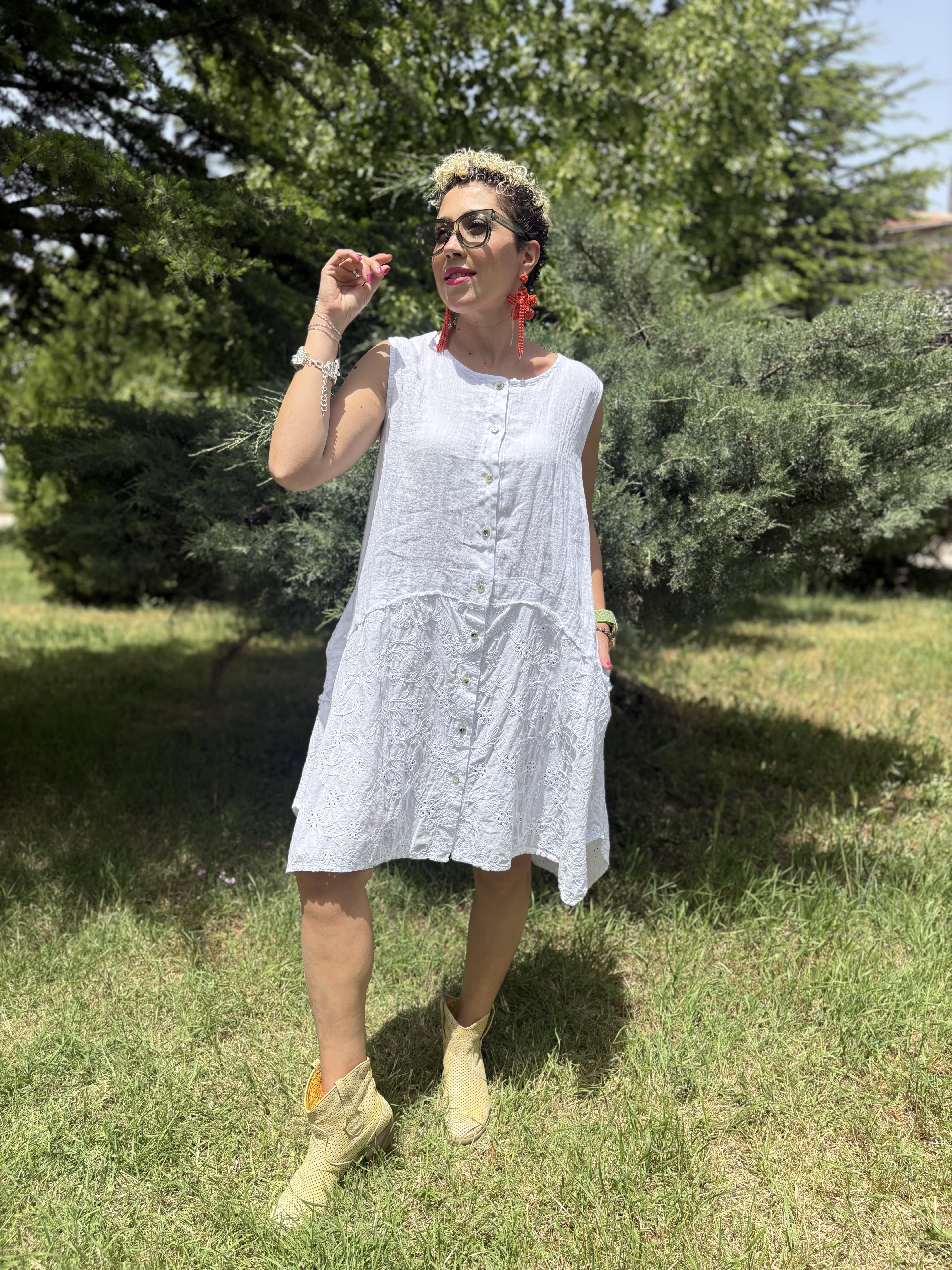 İtalyan Fisto Detaylı Beyaz Pamuk Keten Elbise