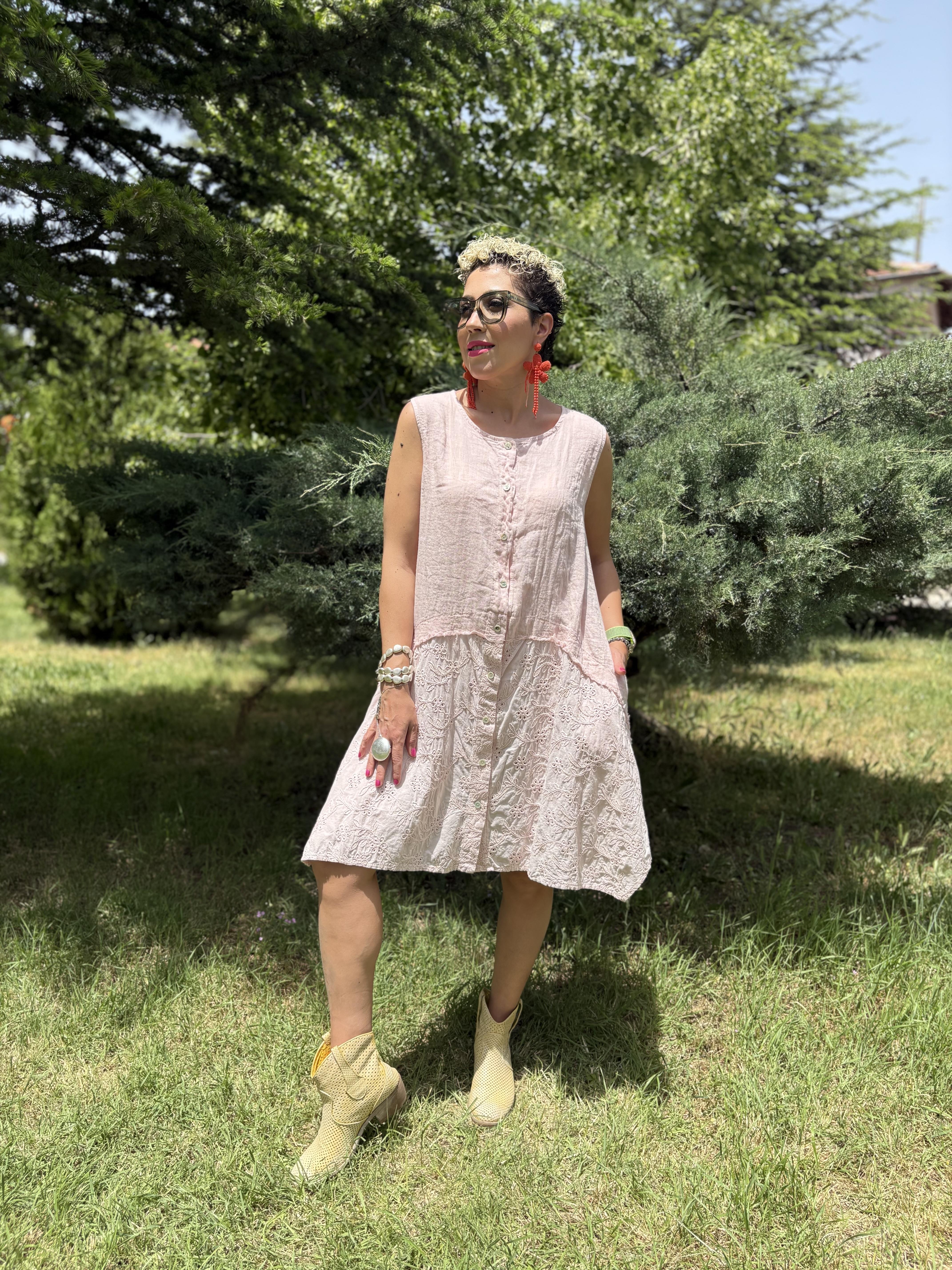 İtalyan Fisto Detaylı Pudra Pamuk Keten Elbise