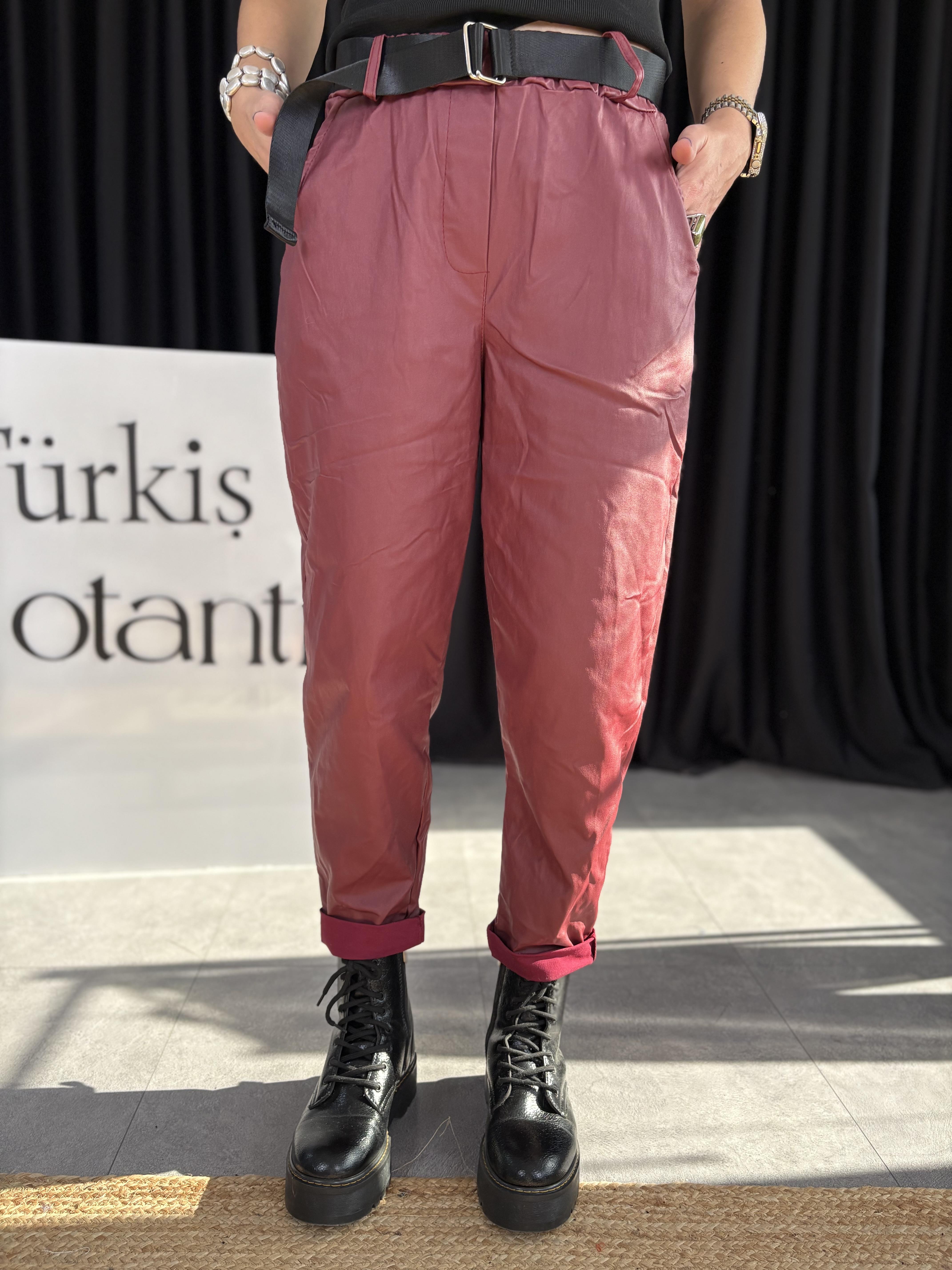 İtalyan Kemerli Bordo Deri Pantolon