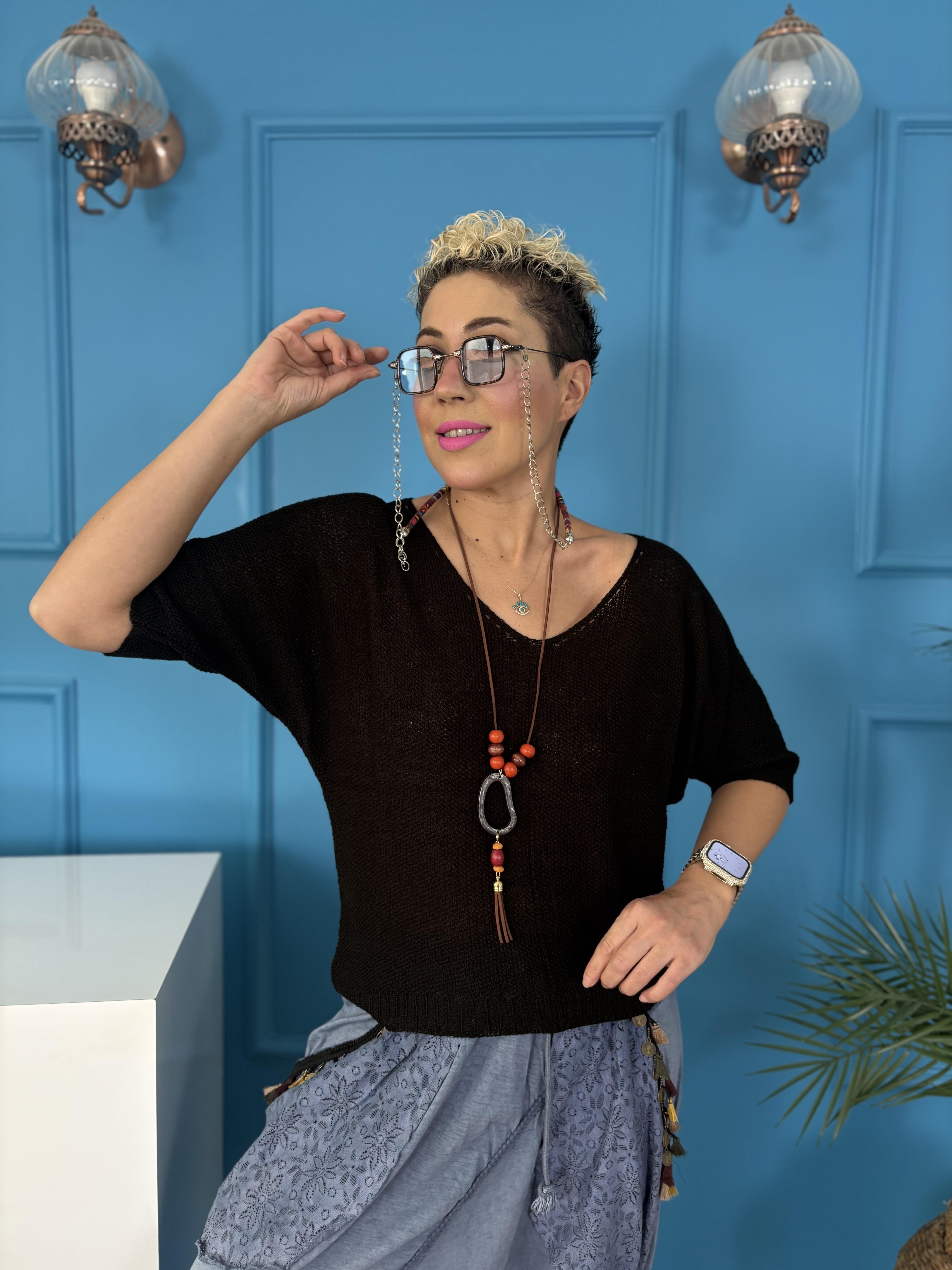 İtalyan Kolyeli Merserize Siyah Bluz