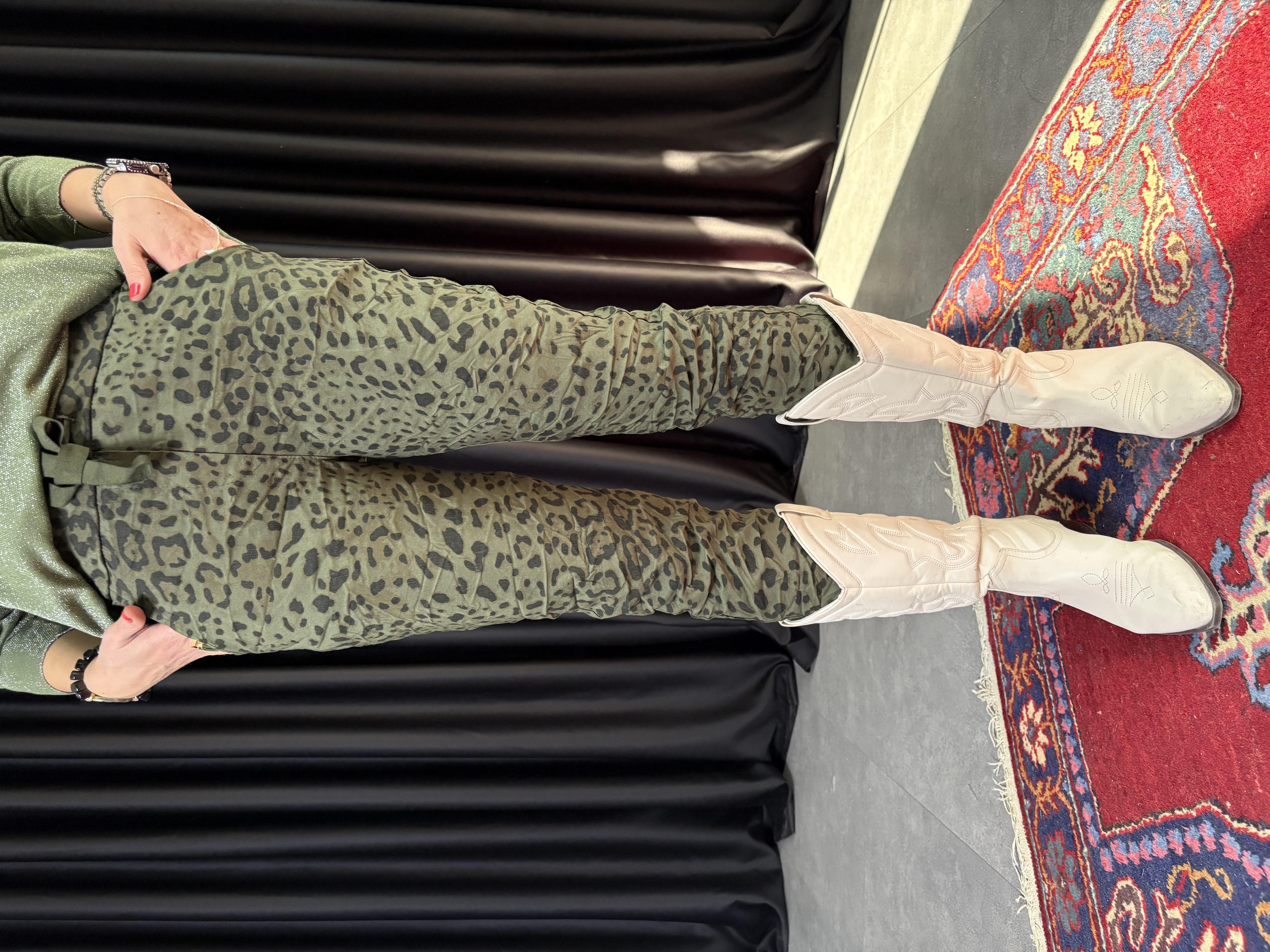 İtalyan Leopar Desen Haki Pantolon