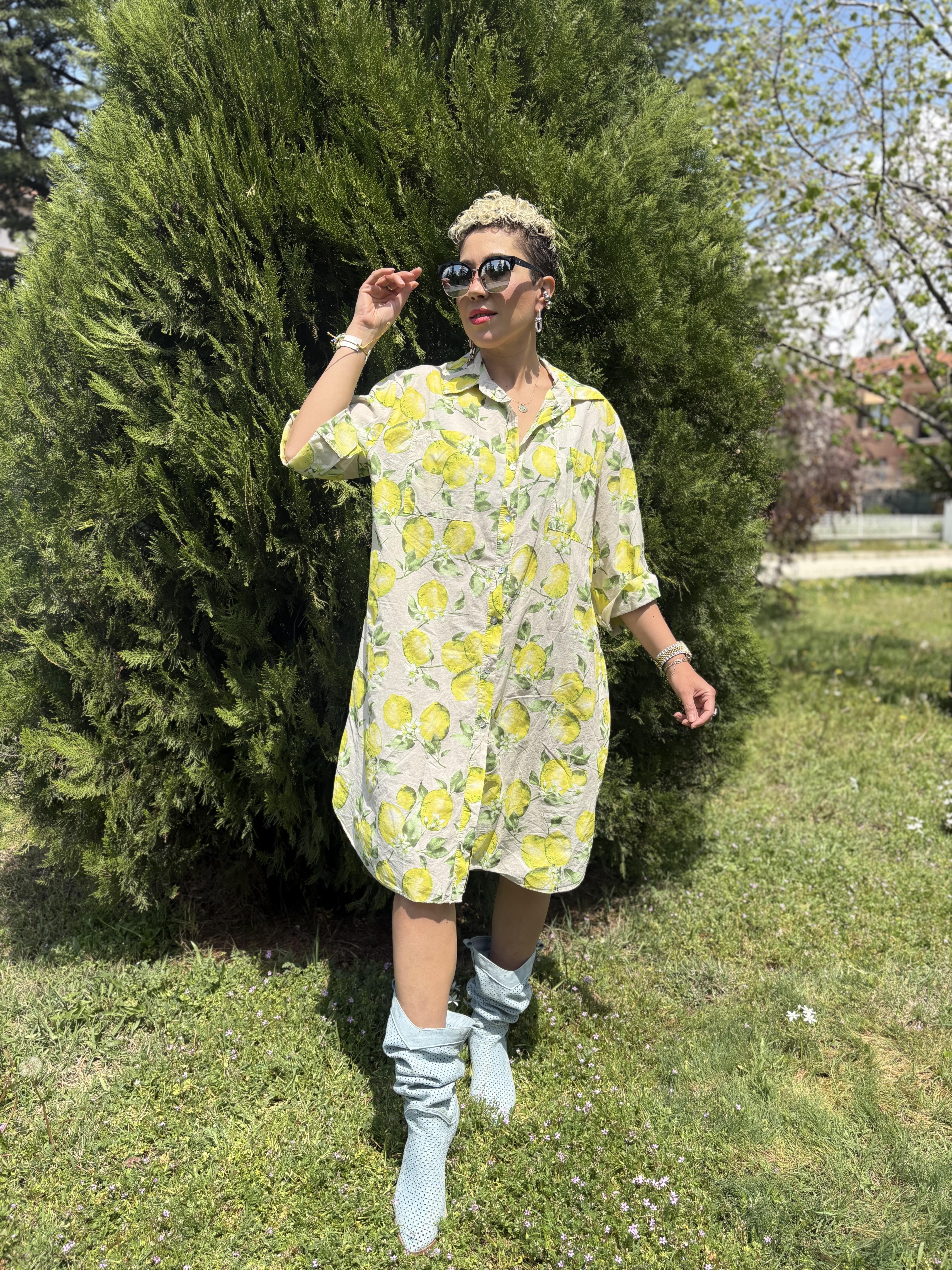 İtalyan Limon Desenli Krem Gömlek Elbise